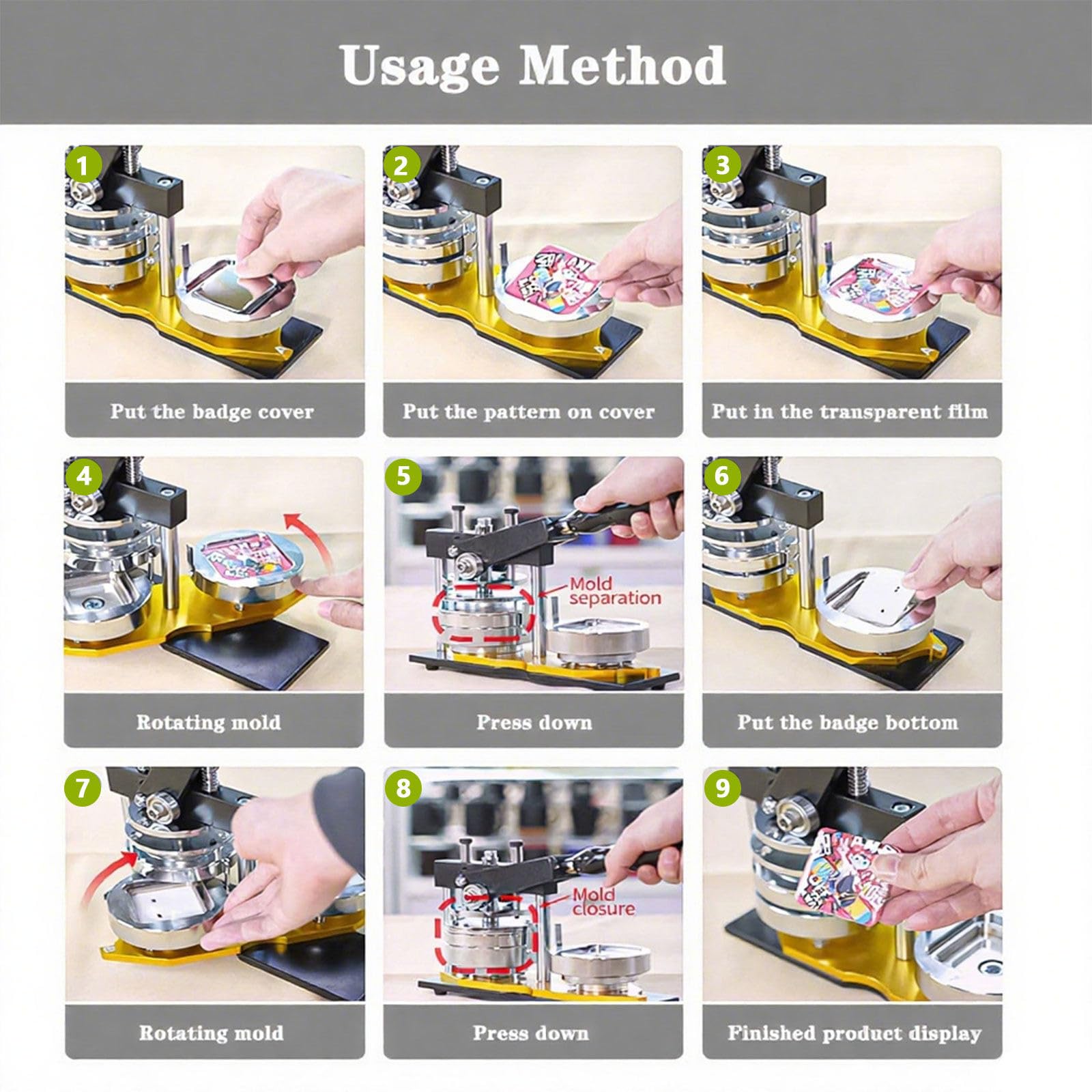 Máquina para hacer botones imantados redondos para nevera, máquina para hacer pines cuadrados metálicos para imanes de nevera, kits de prensa para chapas DIY con 100 sets de suministros. 58mm