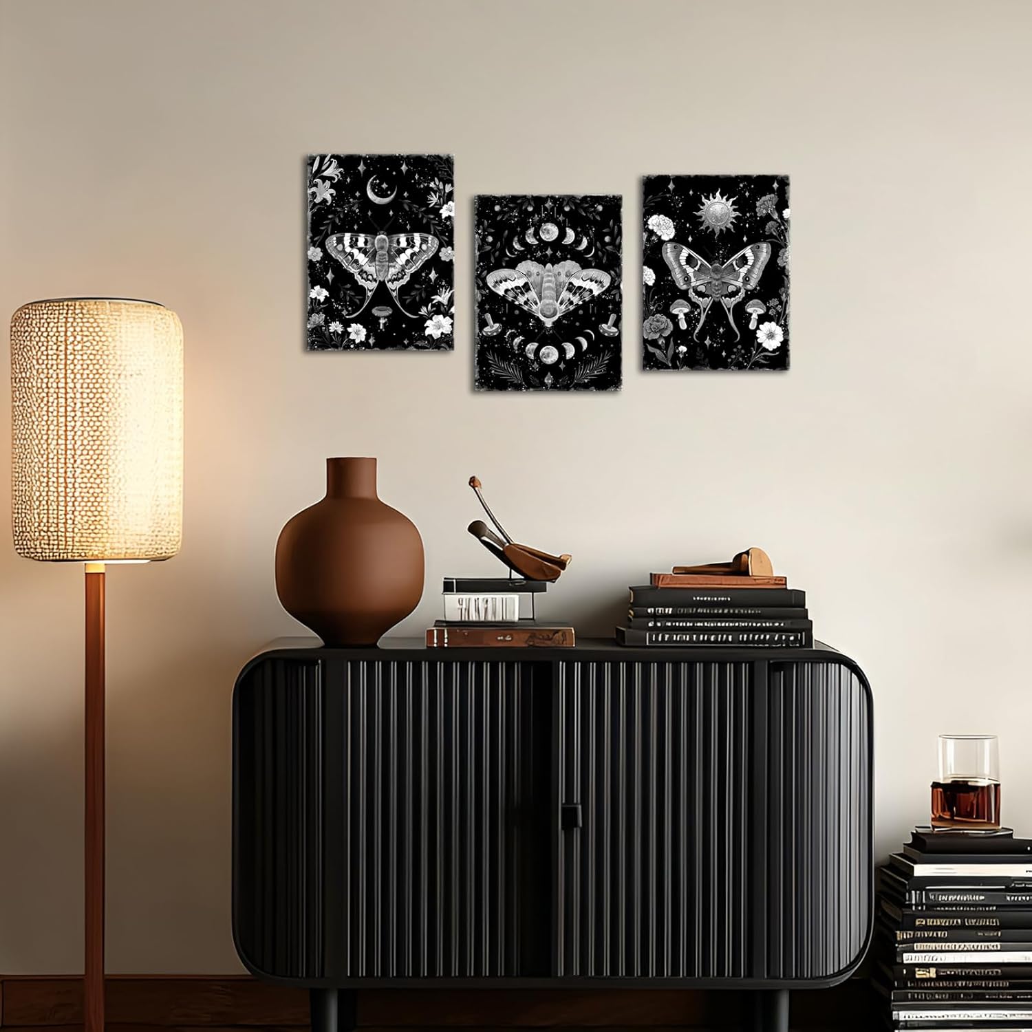 FuShvre Moth Canvas Wall Art Black and White Gothic Pictures Witchy Wall Decor Framed 12x16 inches