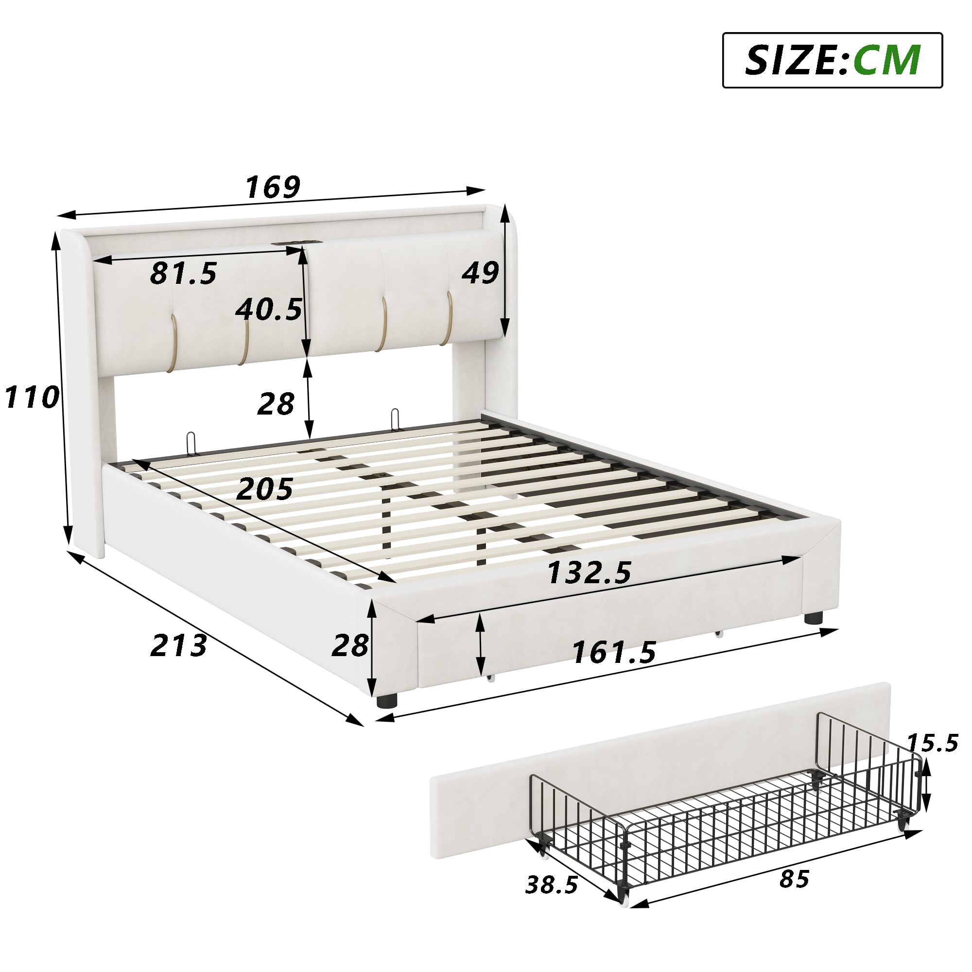 Letto imbottito idraulico 160 x 200 cm, letto matrimoniale con USB e illuminazione a LED, con rete a doghe e testiera del letto, velluto, beige bianco