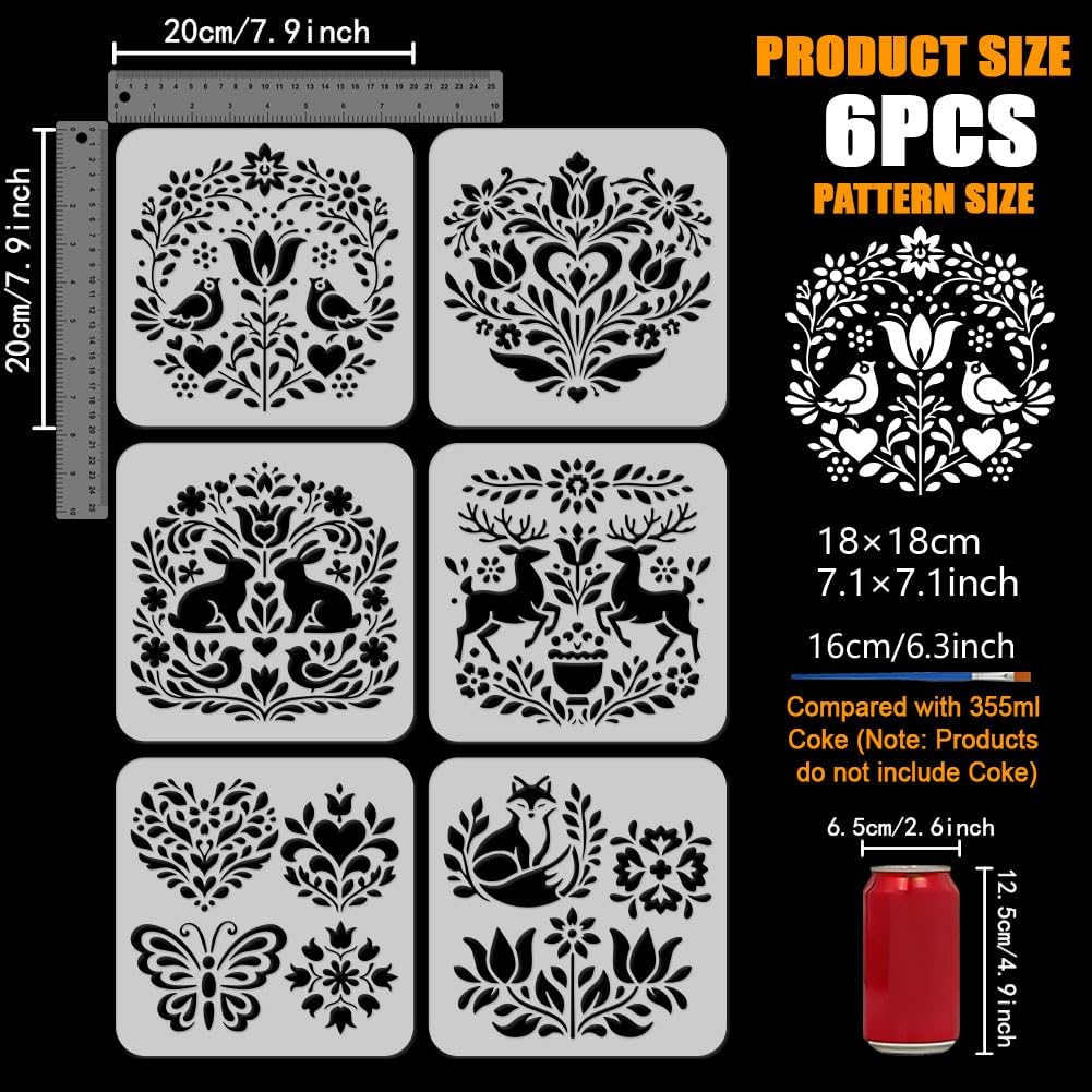 FINGERINSPIRE 6PCS Folk Plants and Animals Painting Stencil with a Brush 7.9x7.9inch Classic Floral Symmetrical Stencils Reusable Painting Stencil Flowers Birds Templates for DIY Accent Wall Floor