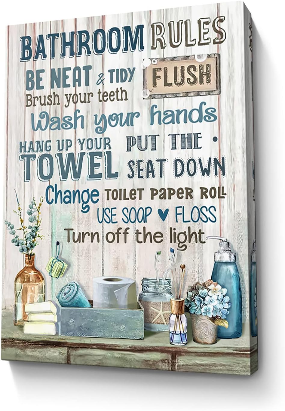 Rustic Bathroom Rules Sign - Navy Blue Wall Art, 12x16 inch Framed Modern Artwork for Toilet & Laundry Room Decor