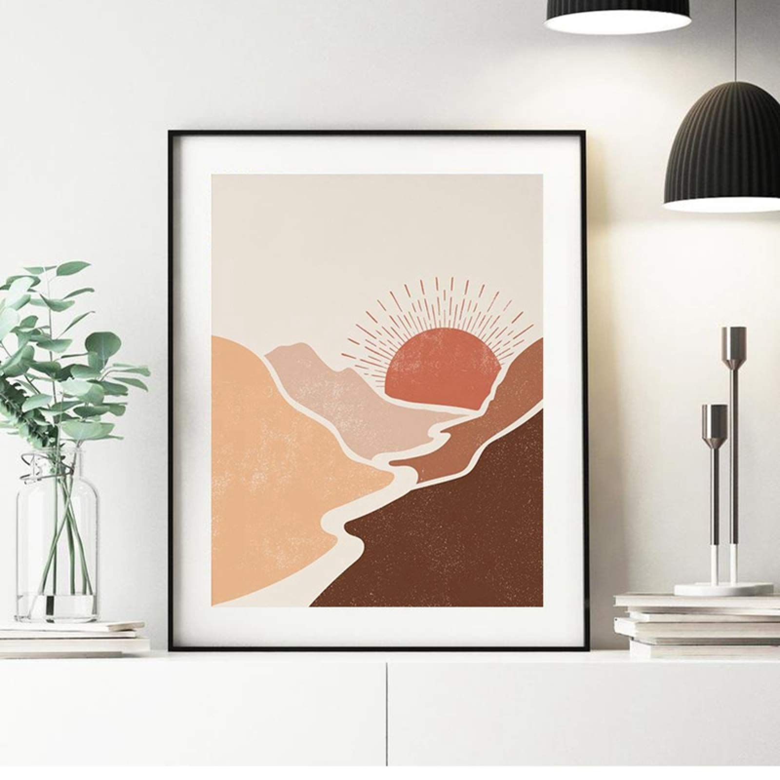Burnt Orange Abstract Wall Art Sun Mountains Landscape Poster