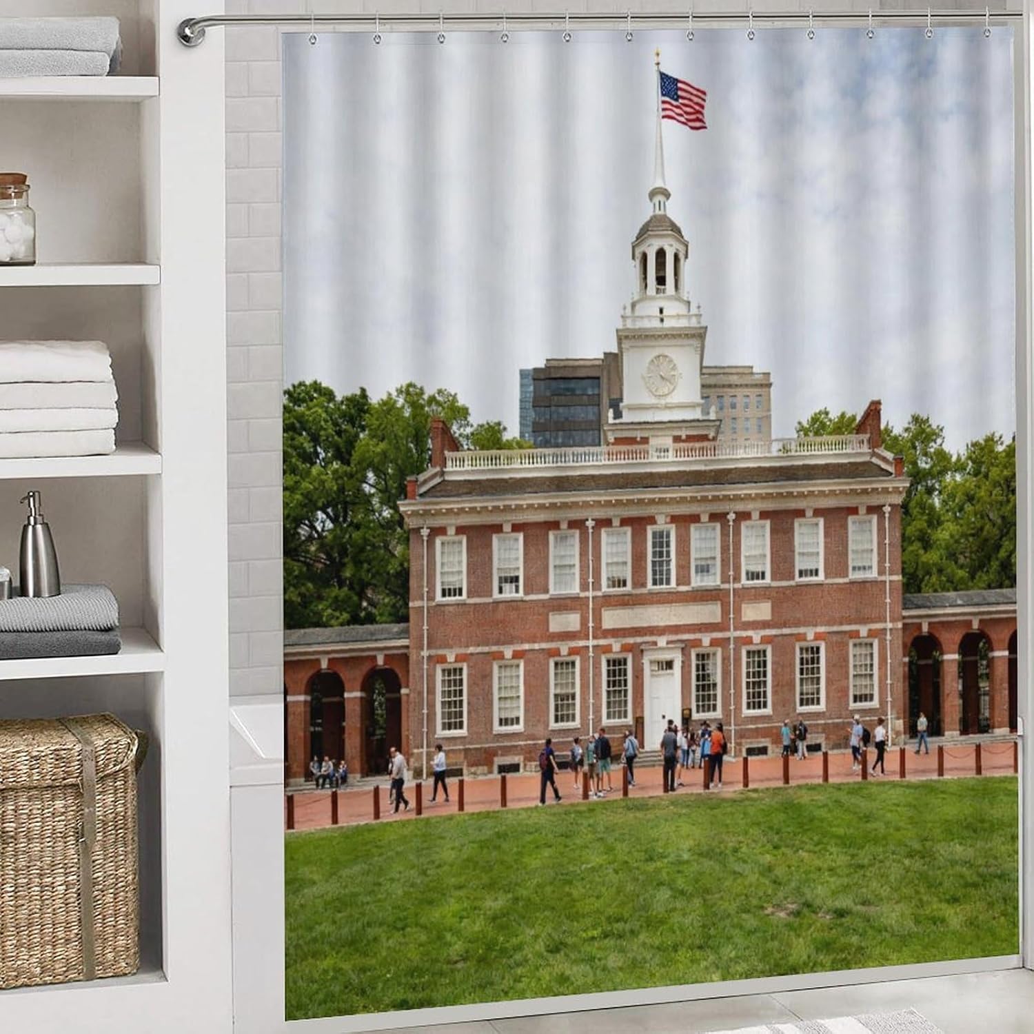 4 Piece Bathroom Rug Set with Shower Curtain, Non-Slip Bath Mat Toilet Cover Set, Independence Palace Bathroom Rug Sets