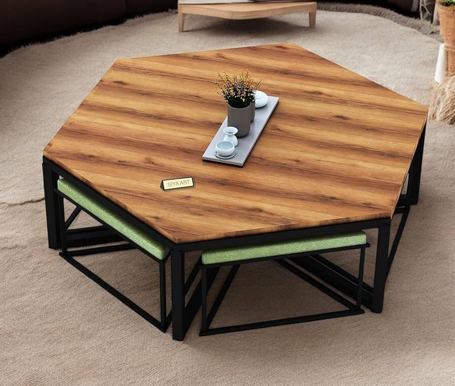 SIYA ART Hexagon Wooden Top Iron Frame Coffee Table with 6