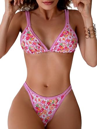 TASHEHE Womens Double Strap Bikini Set Contrast Triangle Two Piece Swimsuit High Cut Bathing Suit