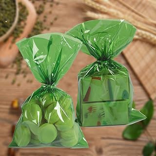 YESON Clear Cellophane Treat Bags Cello Cookie Candy Plastic Bag, green 6x9 Inch Bags,Pack of 50