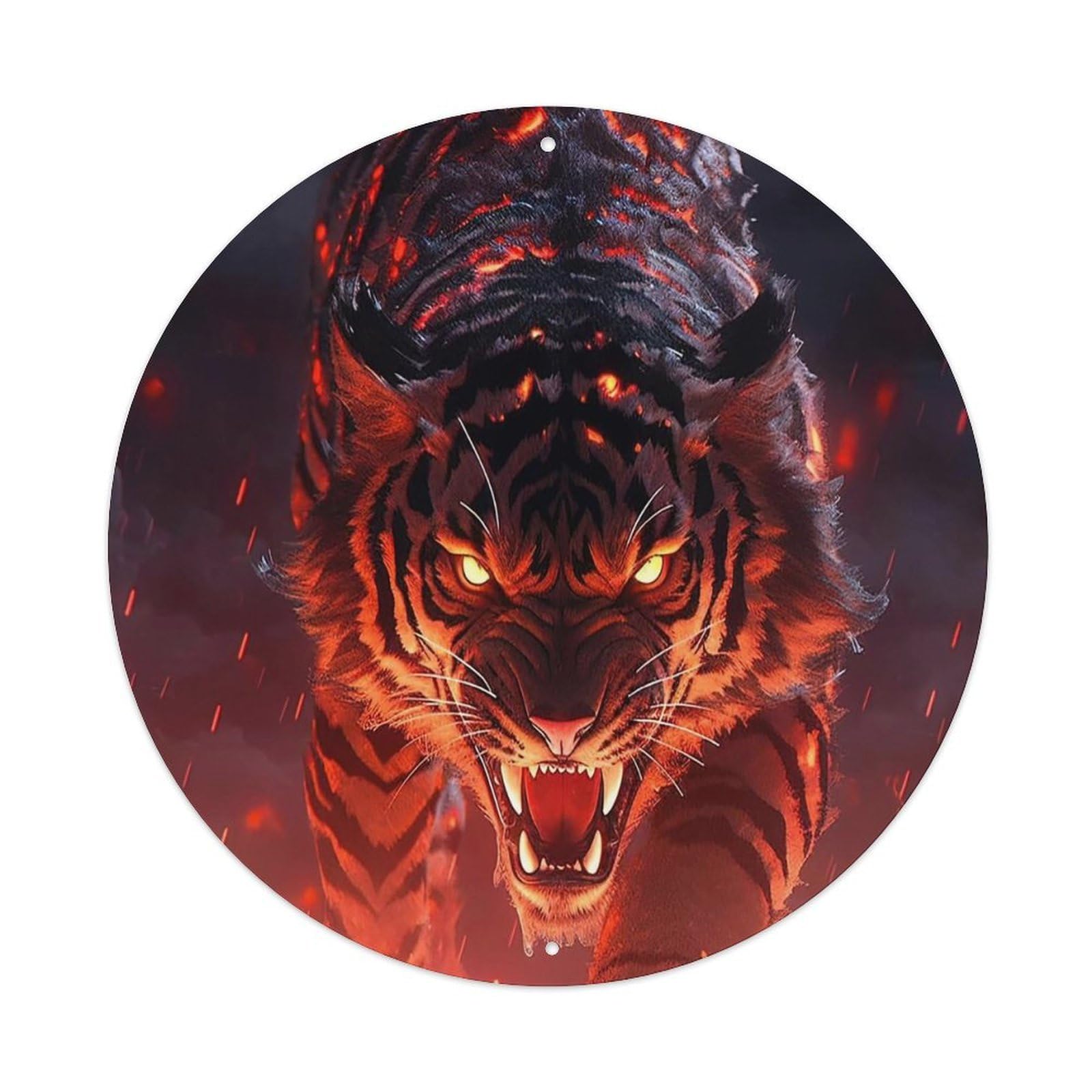 Animal Art Poster A Fierce Tiger with Glowing Eyes Vintage Metal Tin Sign Plaque Wall Decor for Cafe, Club, Garden Round Metal Poster 8x8Inch