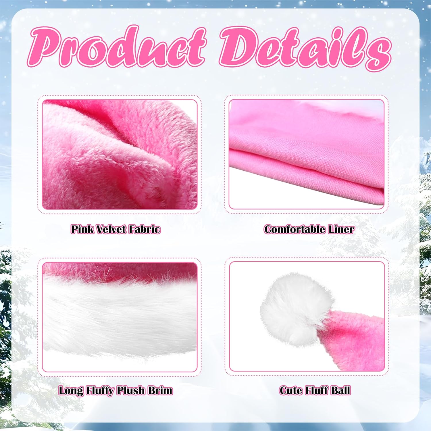 Pink Christmas Santa Hat for Adults,Unisex Velvet Xmas Santa Hats Hat Extra Plush for New Year Holiday Party Supplies - Image 2