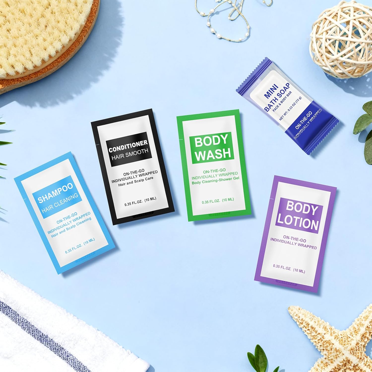 200 Pcs 5-IN-1 Hotel Soaps and Toiletries Bulk Set,5-Piece Set 0.35 oz each Packets Shampoo,Conditioner, Body Wash and Lotion,0.53 oz Soap Mini Travel Size Toiletries Supplies kit for Guests,Homeless