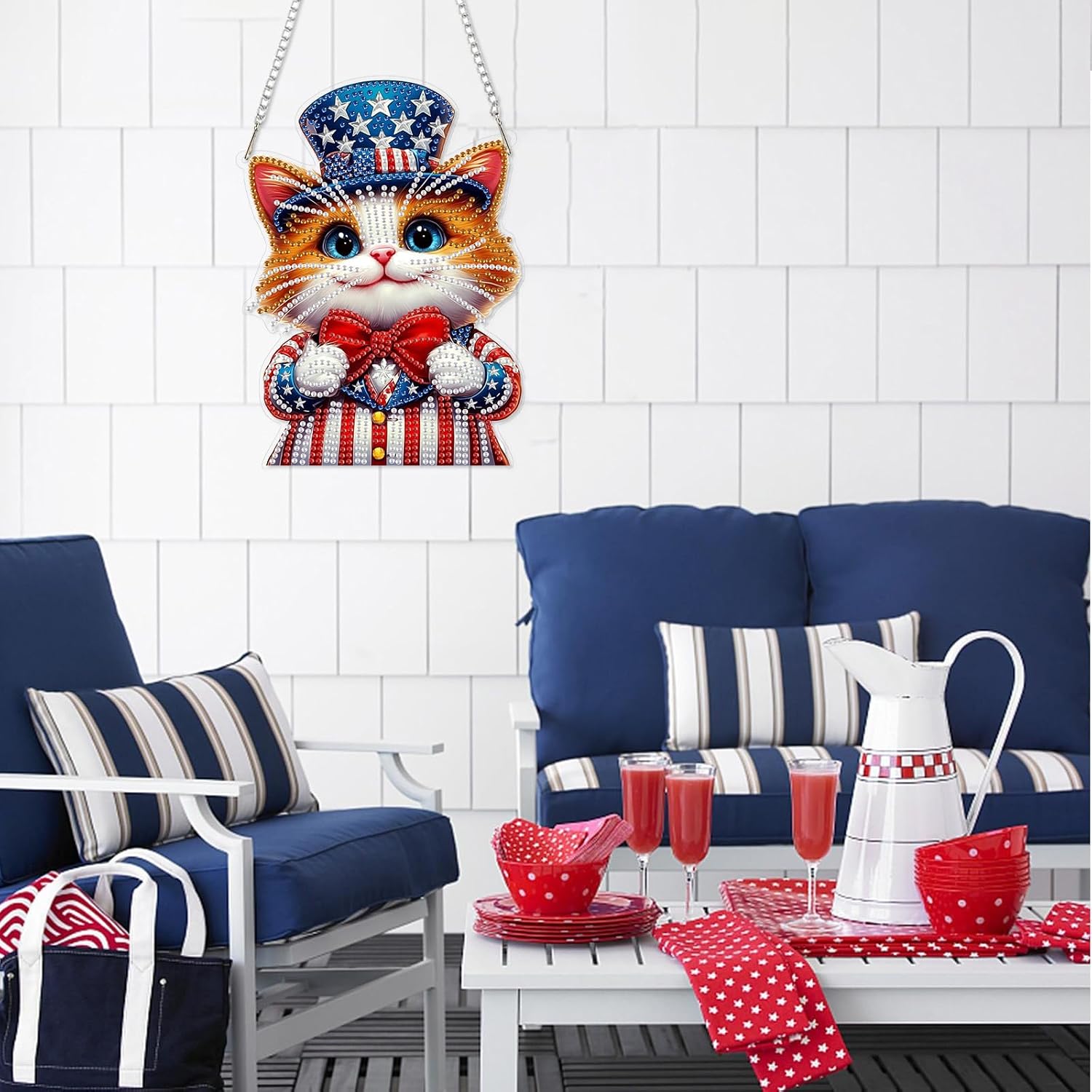 DOMROM 4th of July Cute Cat Diamond Art Hanging Kits, Patriotic American Flag Kitten Diamond Painting, Special Shaped Gem Art Suncatchers Ornament, Independence Day Cat Decor for Home Window Wall image 5