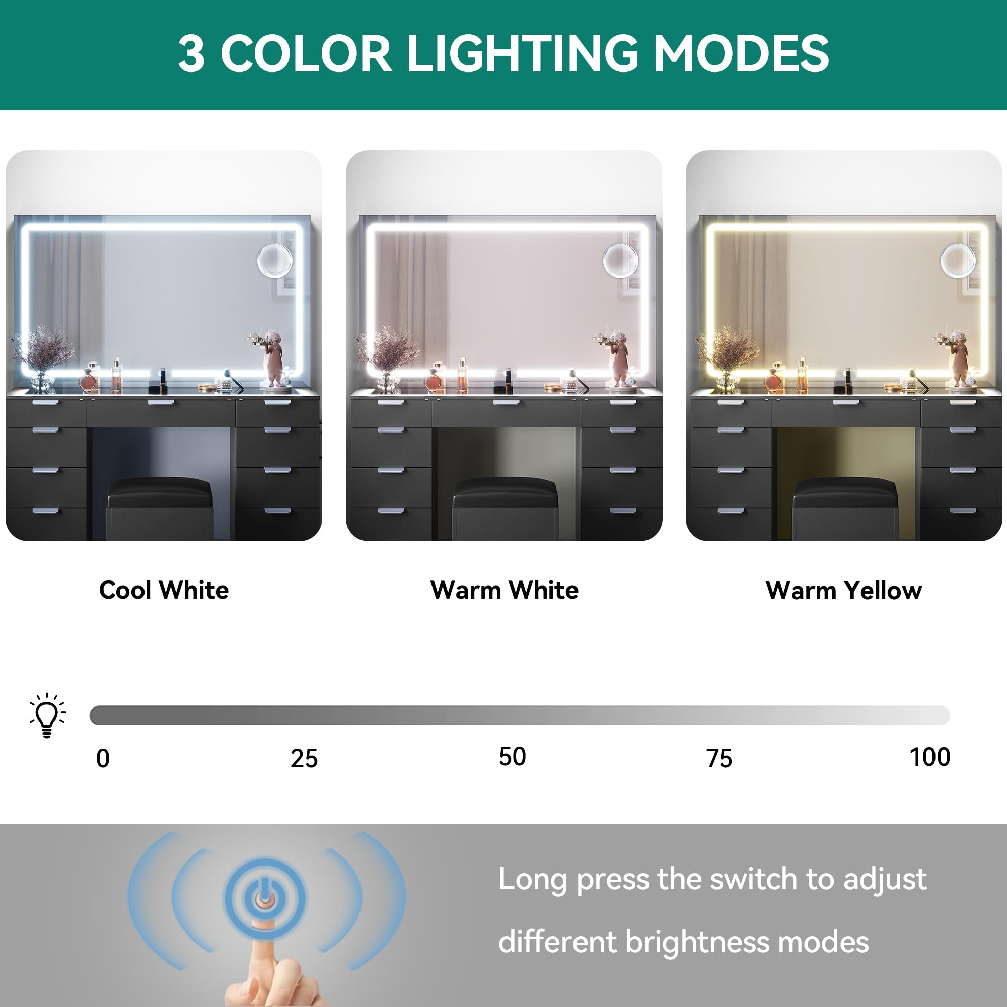 YITAHOME Schminktisch mit LED-Beleuchtung, 3 Farben mit Einstellbarer Helligkeit, Frisiertisch mit Spiegel für Make-up, Kosmetiktisch mit Steckdose, 11 Schubladen, modern, schwarz