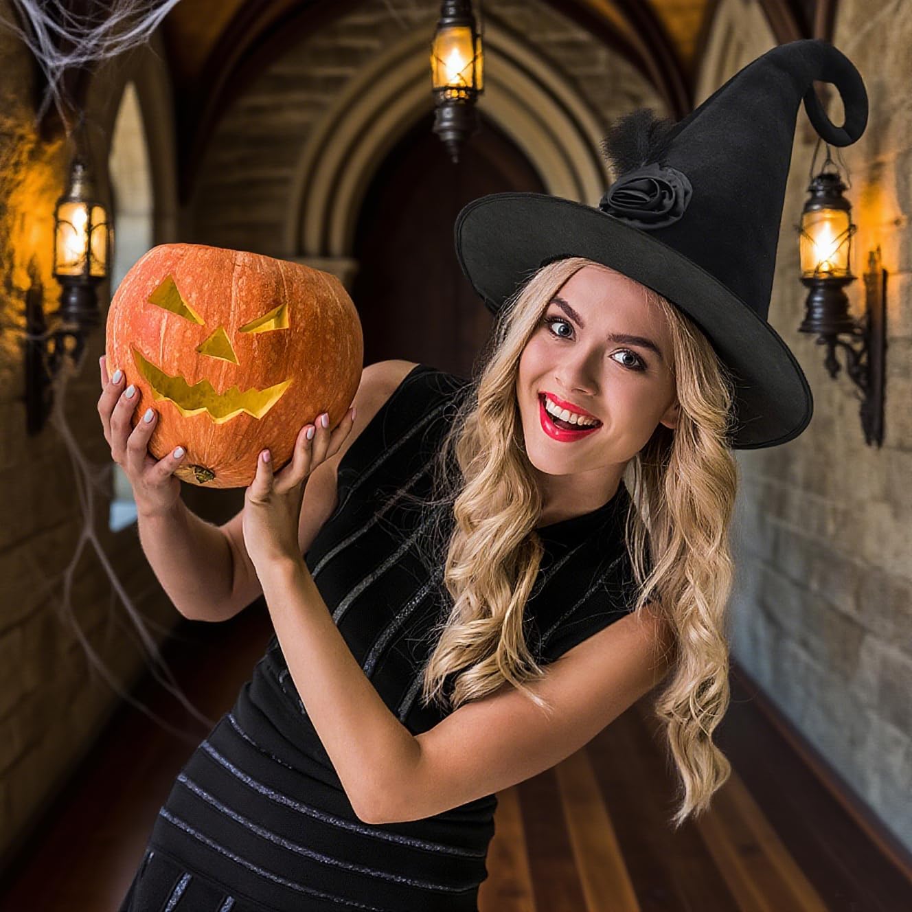 Malaxlx Witch Hat for Women – Velvet Curly Pointed Wizard Hat with Feather & Rose for Halloween Cosplay Party - Image 3