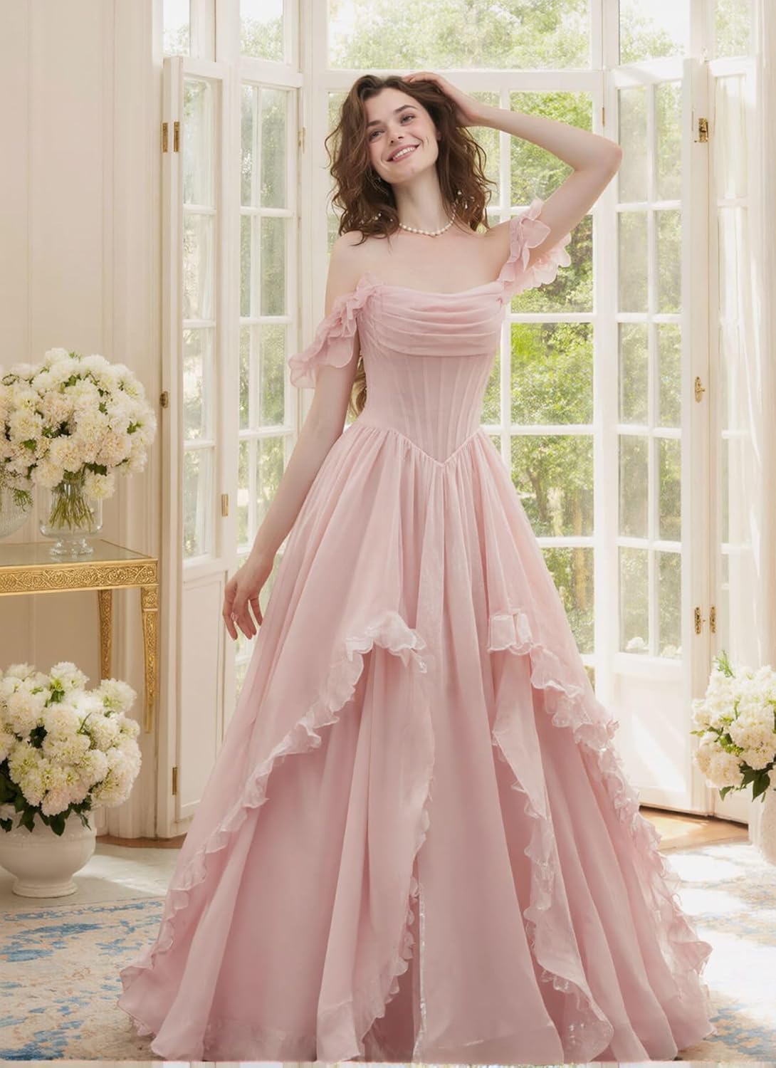 Corset Organza Prom Dresses 2026 3D Flower Off The Shoulder Ball Gown A-Line Ruched Sweet Formal Foral Evening Gown - Image 4