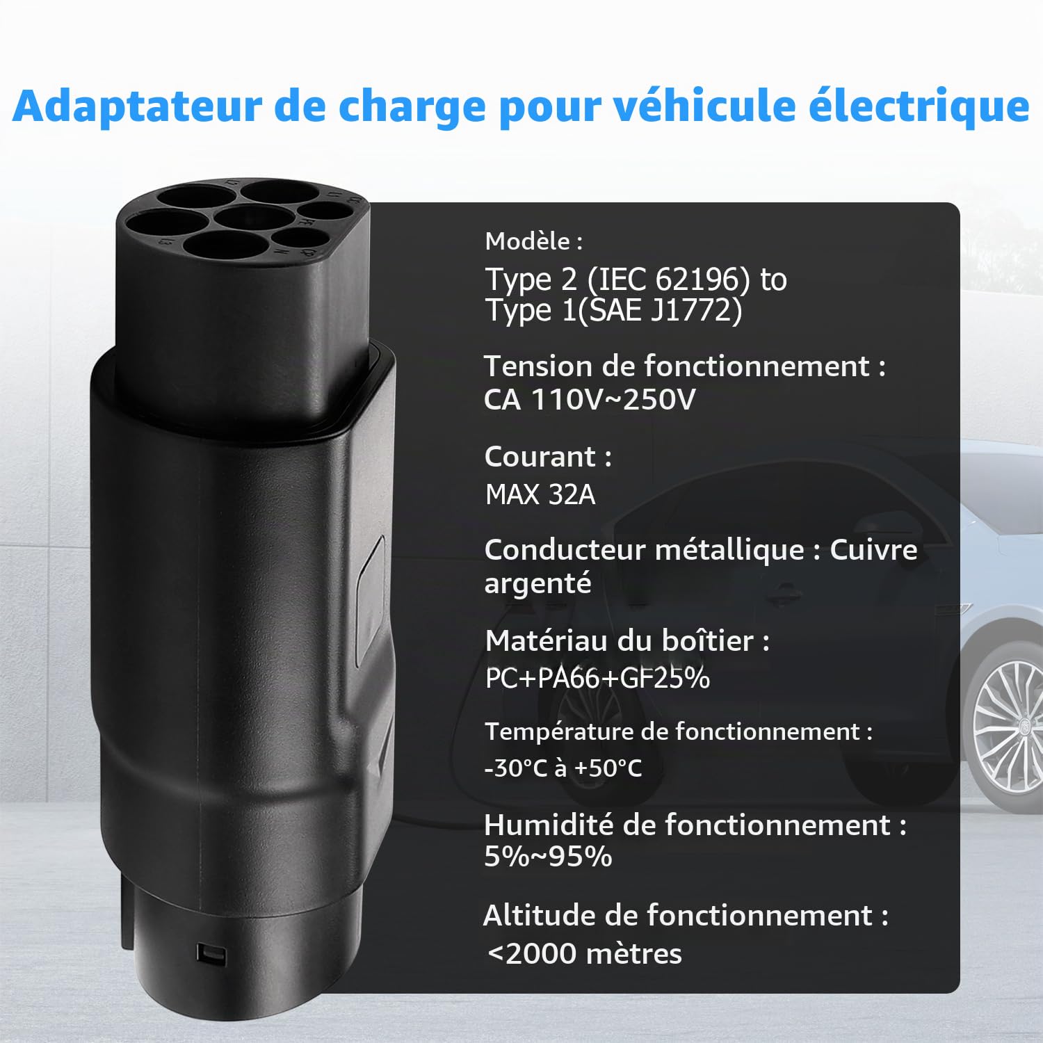 Erato Type 2 vers Type 1 Adaptateur de Recharge pour Véhicule Électrique | IEC 62196 vers SAE J1772 Convertisseur 32A Adaptateur de Charge AC 110V-250V pour Voitures Électriques