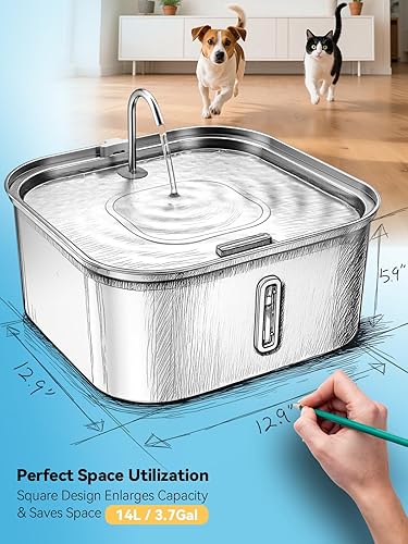 Miniatura 3 de Fuente de agua grande para perros de 14 litros3.7 galones, fuente de acero inoxidable para perros grandes y familias con múltiples mascotas, con