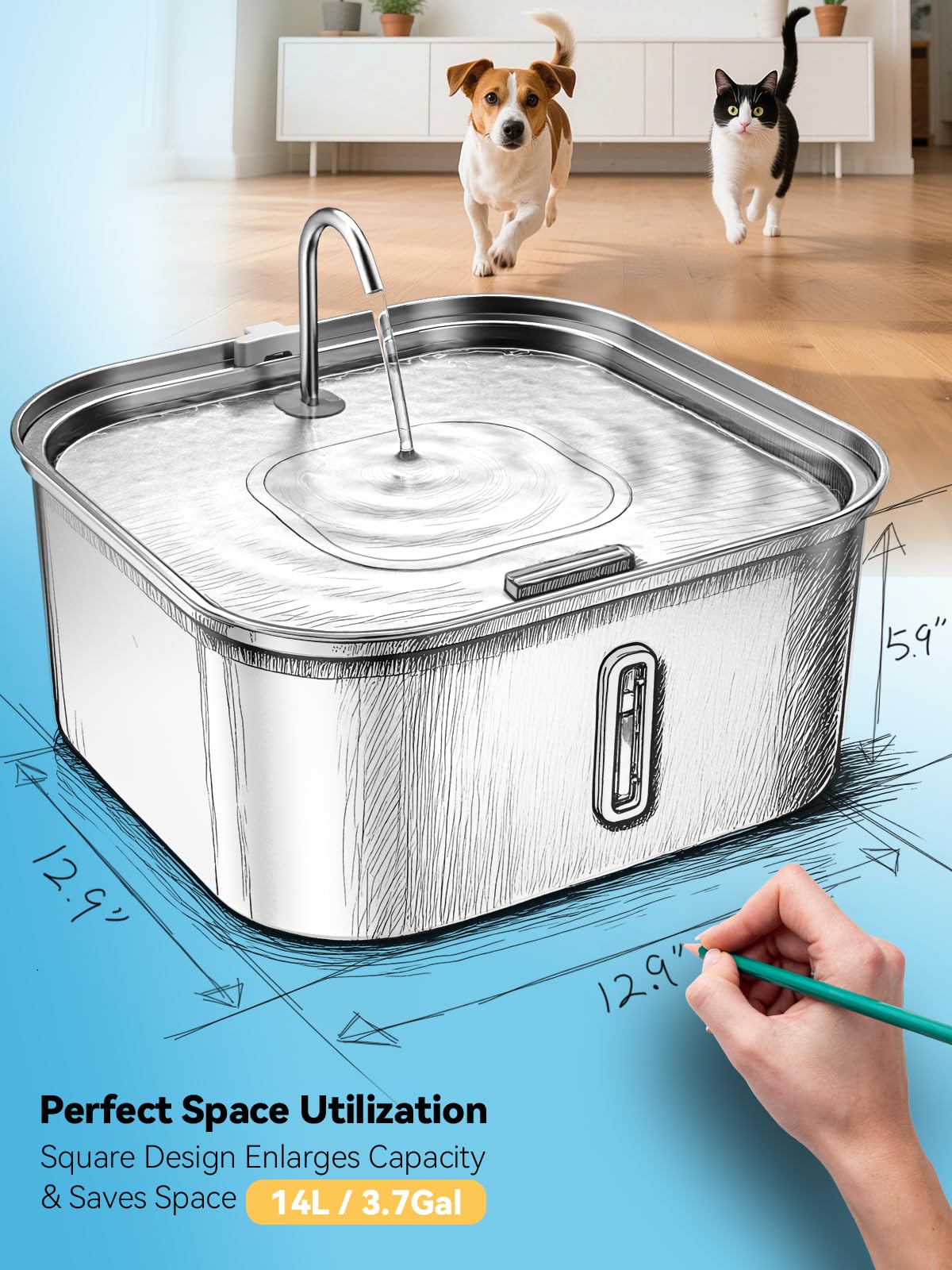 Grande fontana d'acqua per cani da 14 l, in acciaio inox, per cani di taglia grande e famiglie di animali domestici, finestra visibile e area per bere molto ampia, aumenta la capacità e consente di