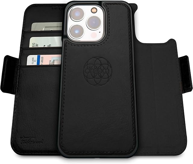dreem Fibonacci 2-in-1 Wallet-Case for Apple iPhone 14 Pro Max - Luxury Vegan Leather, Magnetic Detachable Shockproof Phone Case, RFID Card Protection, Magsafe Compatible - Black