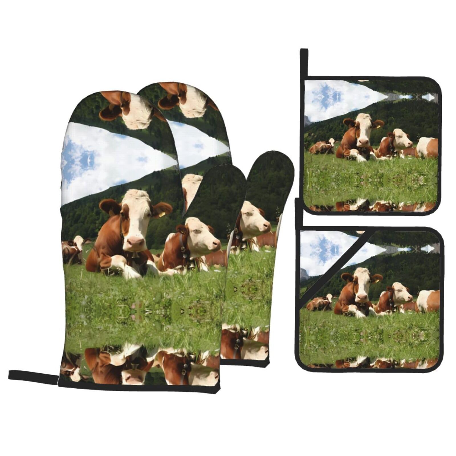 WHJSSF Cute Cows Relaxed On Grass Prints Kitchen Baking Set - 4-Piece Heat Protection Layers with Waterproof Potholders for Oven, Grill & Serving