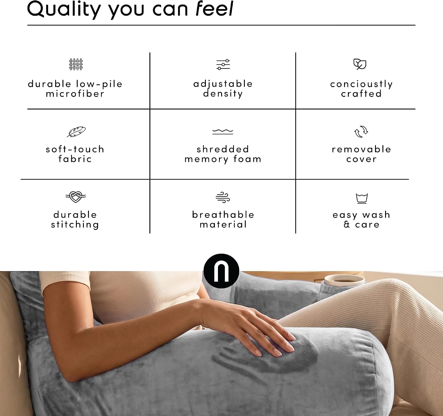 Nestl Reading Pillow for Bed, Back Pillow for Sitting Up in Bed, Light Grey | 14” Backrest Pillow for Teens & Kids, Adjustable Support, Shredded Memory Foam Fill, OEKO-TEX, Use for Couch, Sofa, and Floor