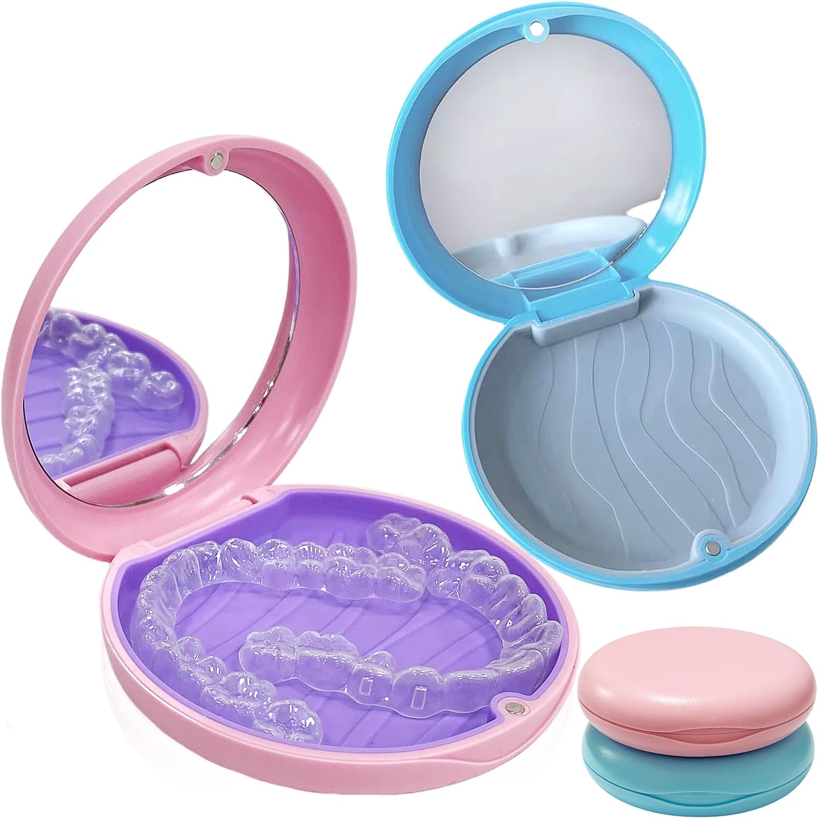 Caja de Dentaduras Portátil con Espejo 2 PC para Retenedores Soportes Protectores Bucales Azul y Rosa