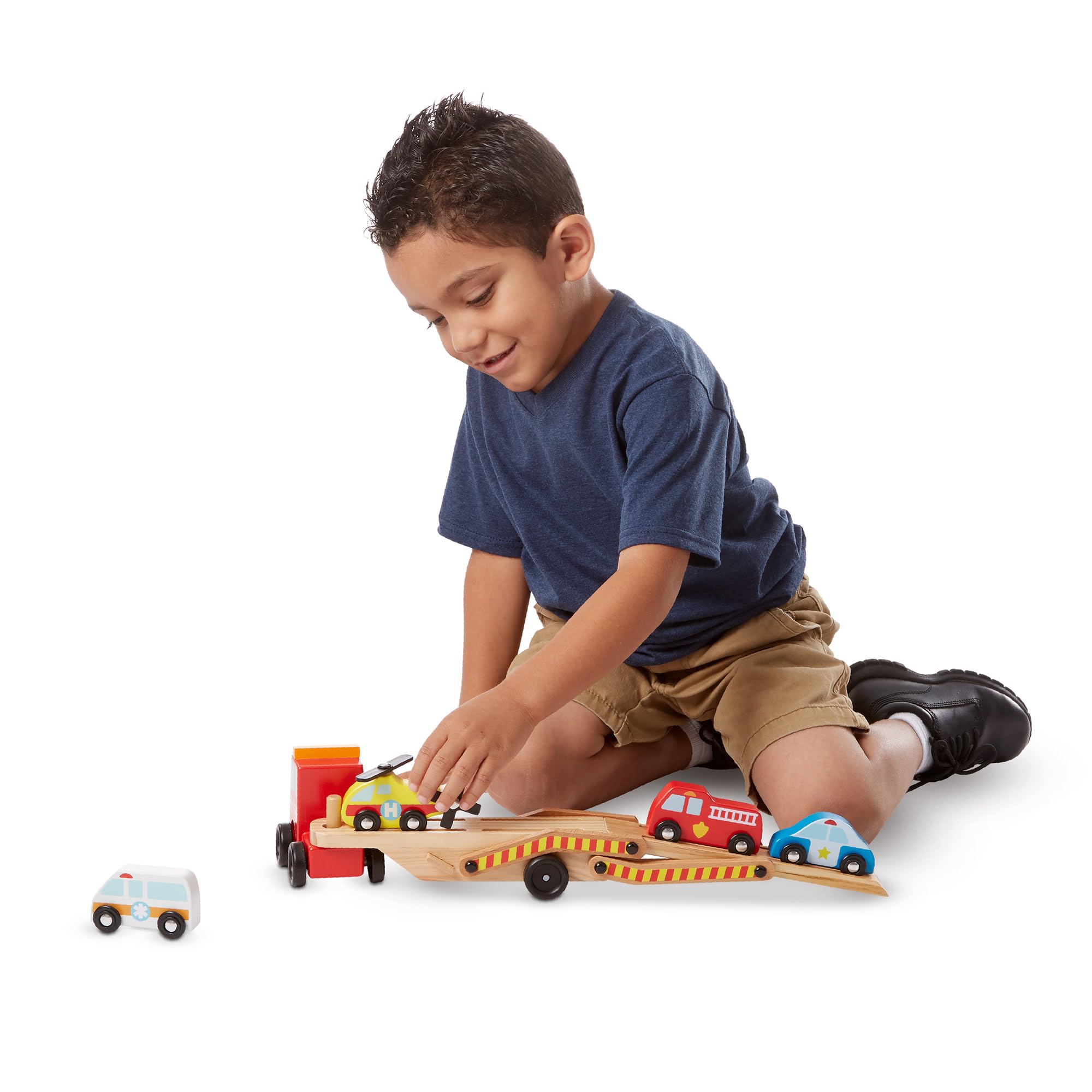 Melissa & Doug - Camion Transporteur De Véhicules D'Urgence 6 Pièces - Camion Enfant 60 Cm - Jeu Imitation - Jouet En Bois - Jouet D'Activité, Développement Et Apprentissage - Cadeau Enfant 3 Ans Et +