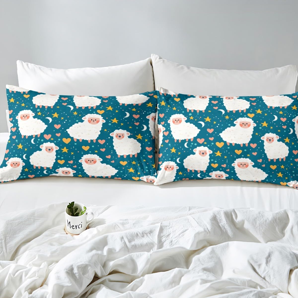 Kawaii Sheep Bed Sheet Set for Kids Boys Adults,Cute Sheep Rustic Farmhouse Animals Deep Pocket Fitted Sheet Full,Cartoon Starry Sky Watercolor Hearts Stars Pattern Soft Microfiber Sheet Set