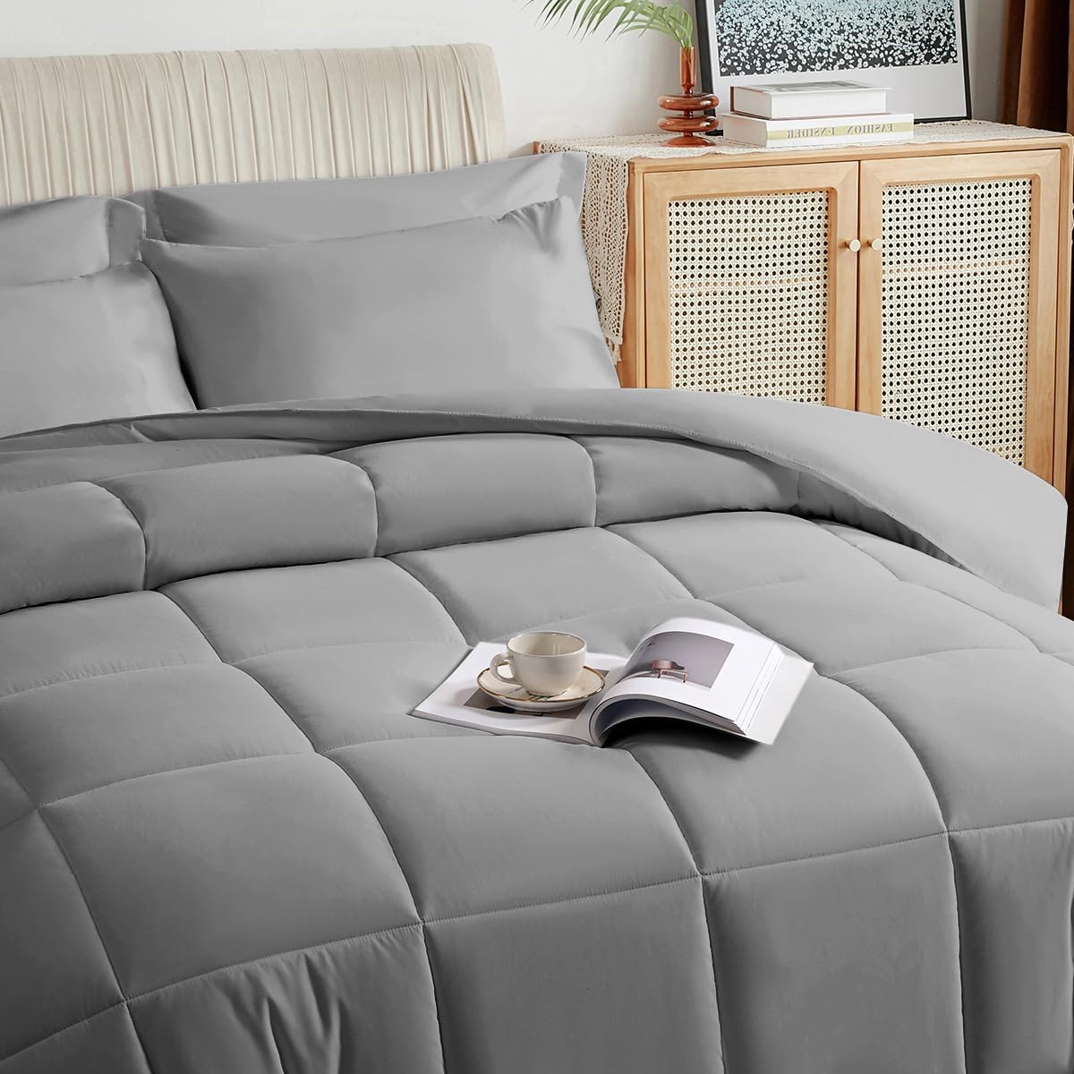 Grey King Size Comforter Set - 7 Pieces, Bed in a Bag Bedding Sets with All Season Soft Quilted Warm Fluffy Reversible Comforter,Flat Sheet,Fitted Sheet,2 Pillow Shams,2 Pillowcases King Grey