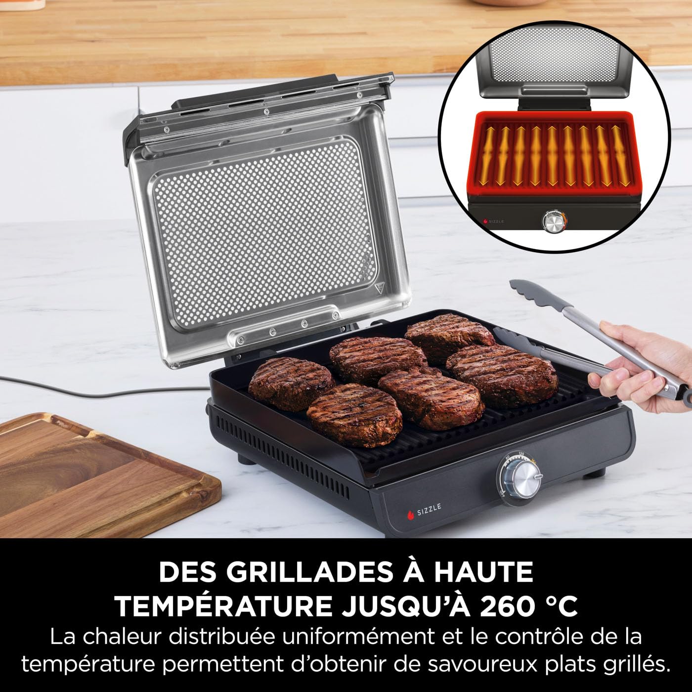 Ninja Sizzle Grill électrique d'intérieur, plancha GR101EU | avec plaque grill antiadhésive, couvercle compatible lave-vaisselle, collecteur de graisse, et guide de recettes