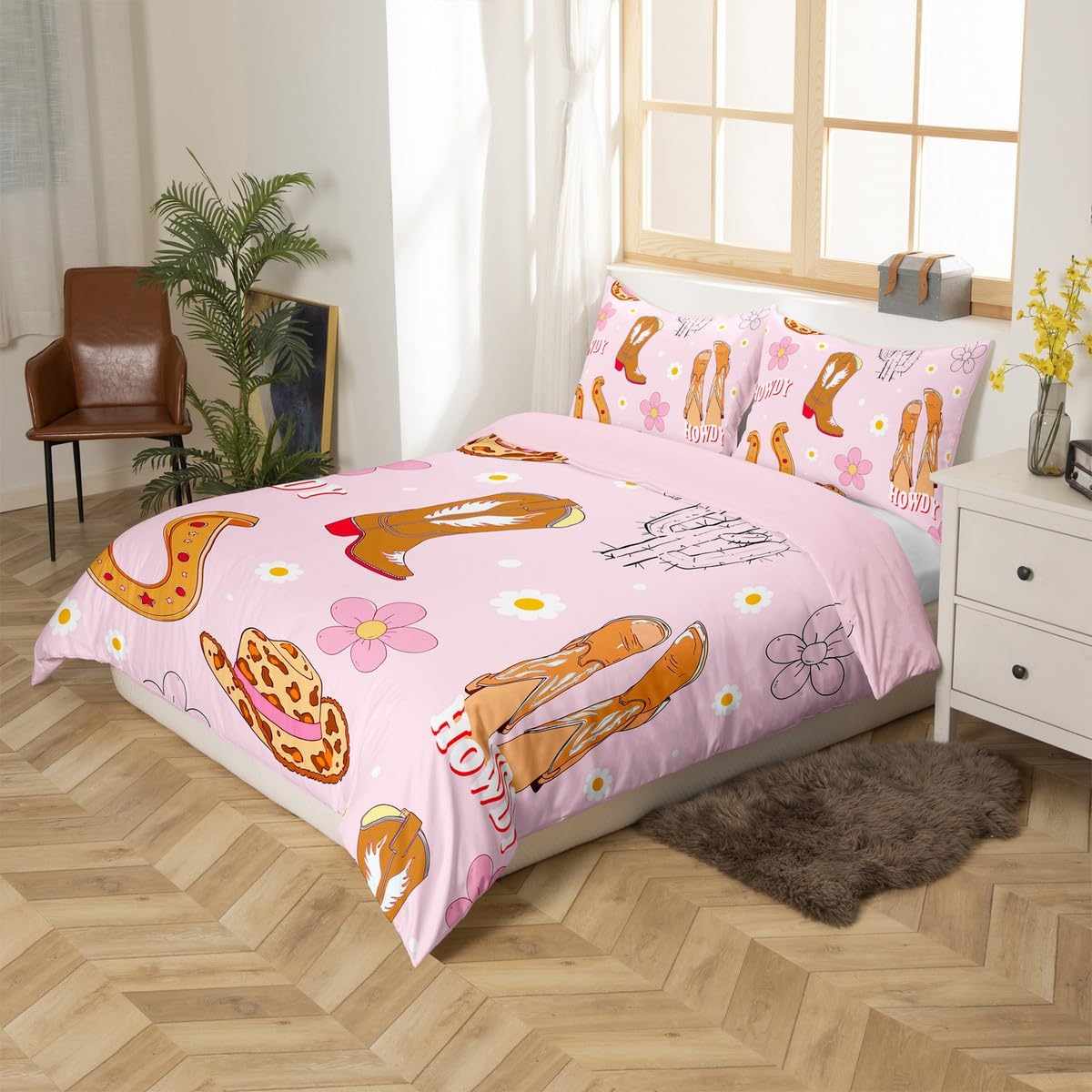 Homewish Copripiumino 140 x 200 Cowgirl rosa con 1 federa 65 x 65 cm – Parure da letto per bambini, motivo: fiori di campagna, set di copripiumini ferro a cavallo occidentale – microfibra