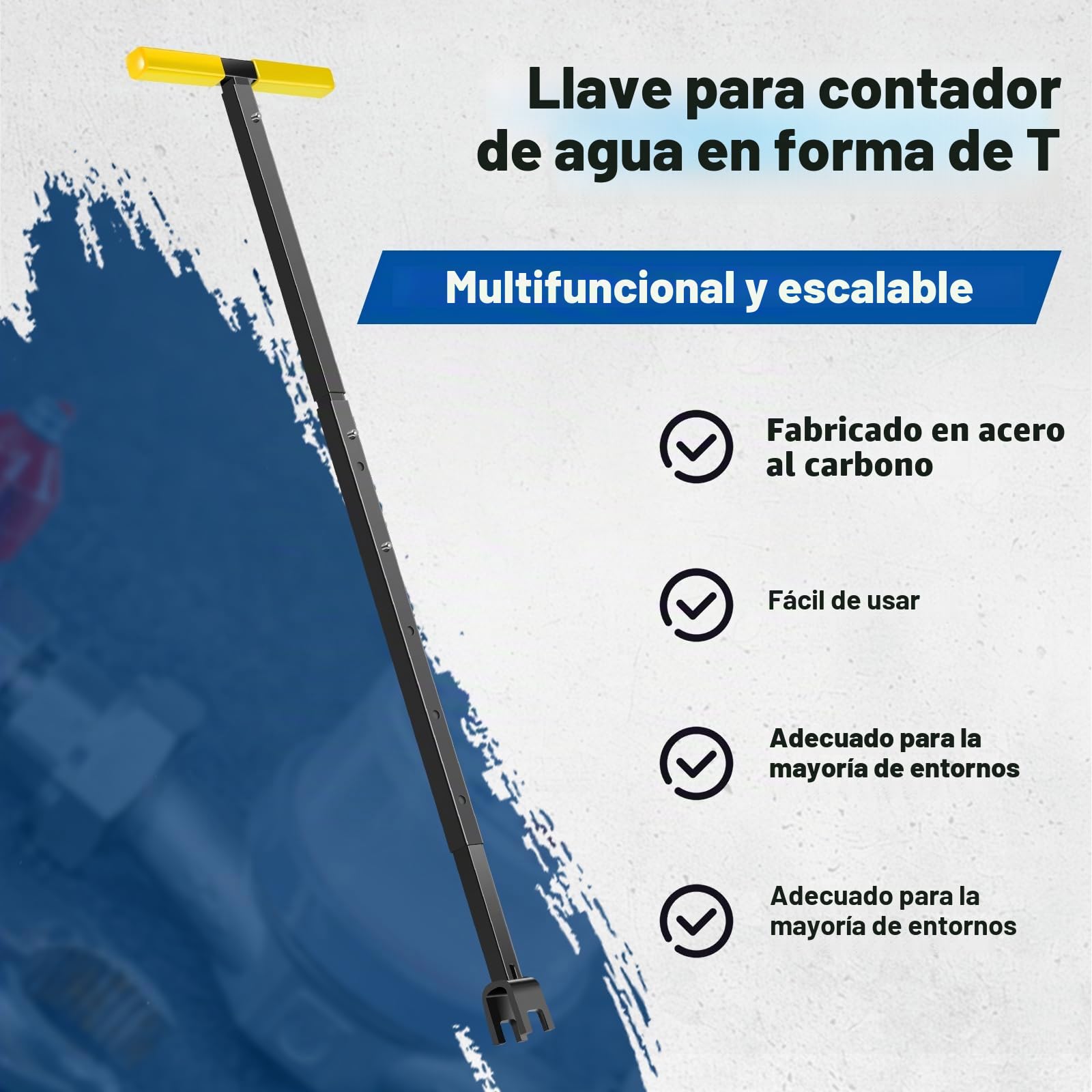 Llave para medidor de agua con herramienta de 4 vías, llave de cierre en T de acero al carbono, 43-94 cm, ajustable en longitud, llave universal para mantenimiento de tuberías de agua y