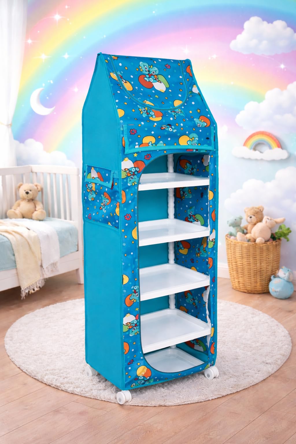 YouCopia Baby Wardrobe Plastic Kids Storage Rack with Fabric Cover & Wheels | 6-Tier Plastic Shelves Organizer | Toy, Book & Clothes Storage Cabinet for Kids Room (Firozi)-picture-20
