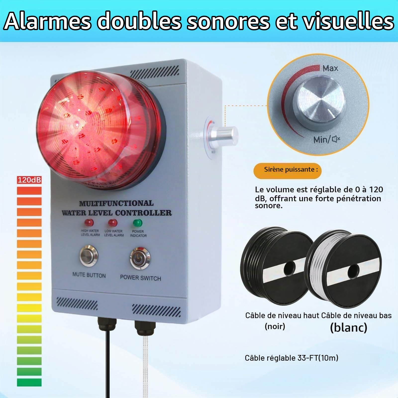 Alarme Niveau d'eau Professionnelle, détecteur Haut/Bas Liquide avec Double sonde, Alarme visuelle/sonore 120dB réglable, câble 10m, Tout métal, Anti-débordement pour cuves/piscines/Cales/puits
