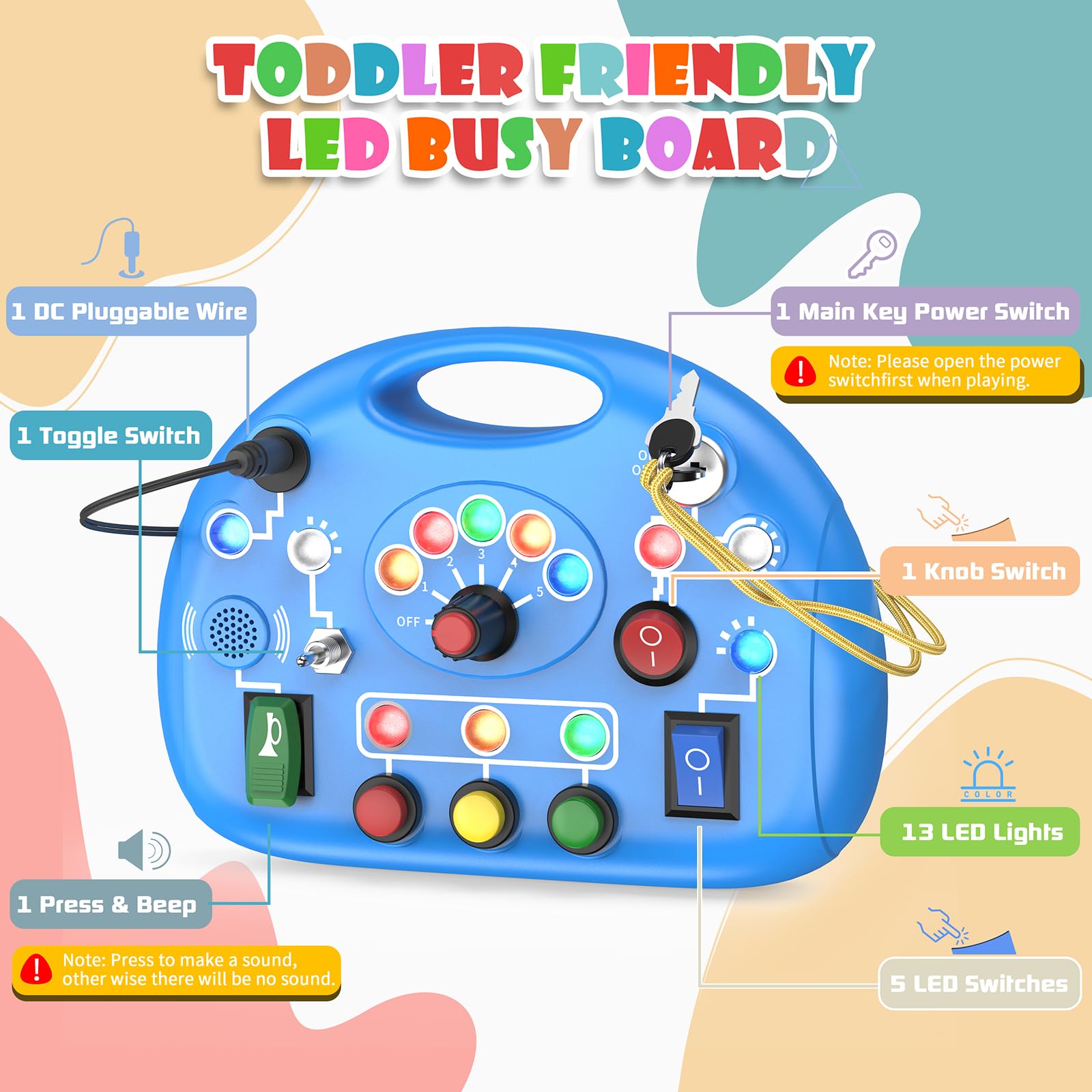 Busy Board LED Xinrongda – Tableau D'activités Avec 12 LED Et 6 Interrupteurs – Sensoriel éducatif Pour Enfants 1-7 Ans – Bleu
