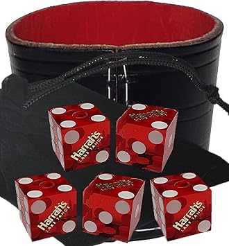 Authentic Casino Dice w/Pouch + Genuine Leather Cup Wide Opening Red Felt Lining, Lake Tahoe Harrahs Red Polished
