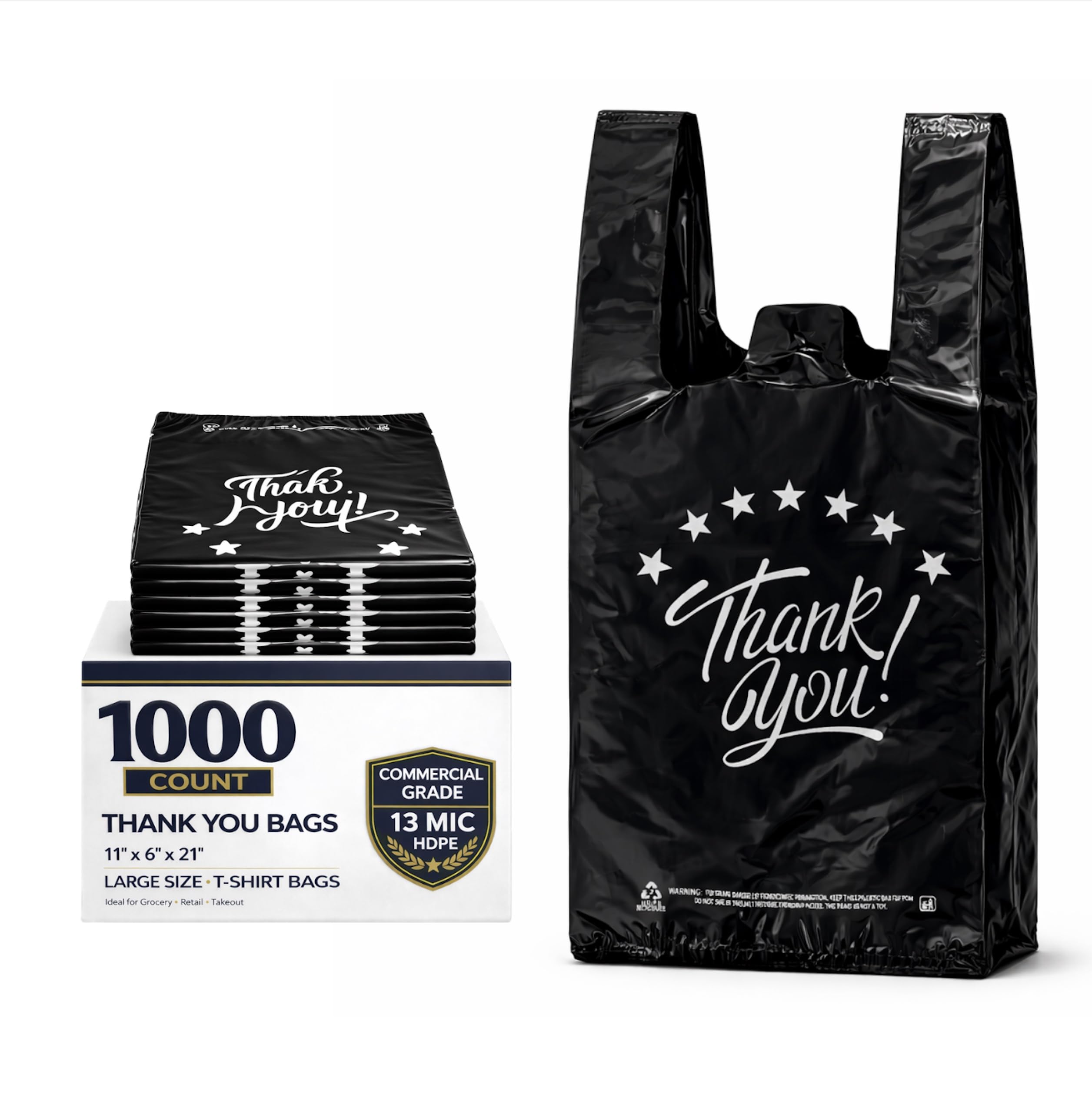 YoYoRain 1000 Count Black “Thank You” T-Shirt Bags – Reusable &amp; Disposable Grocery &amp; Supermarket Carry Bags, 11"x6"x21"