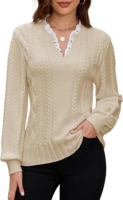 Angashion Womens Sweaters Long Sleeve Casual V Neck Jumper Tops Fall Winter Knit Pullover Sweater