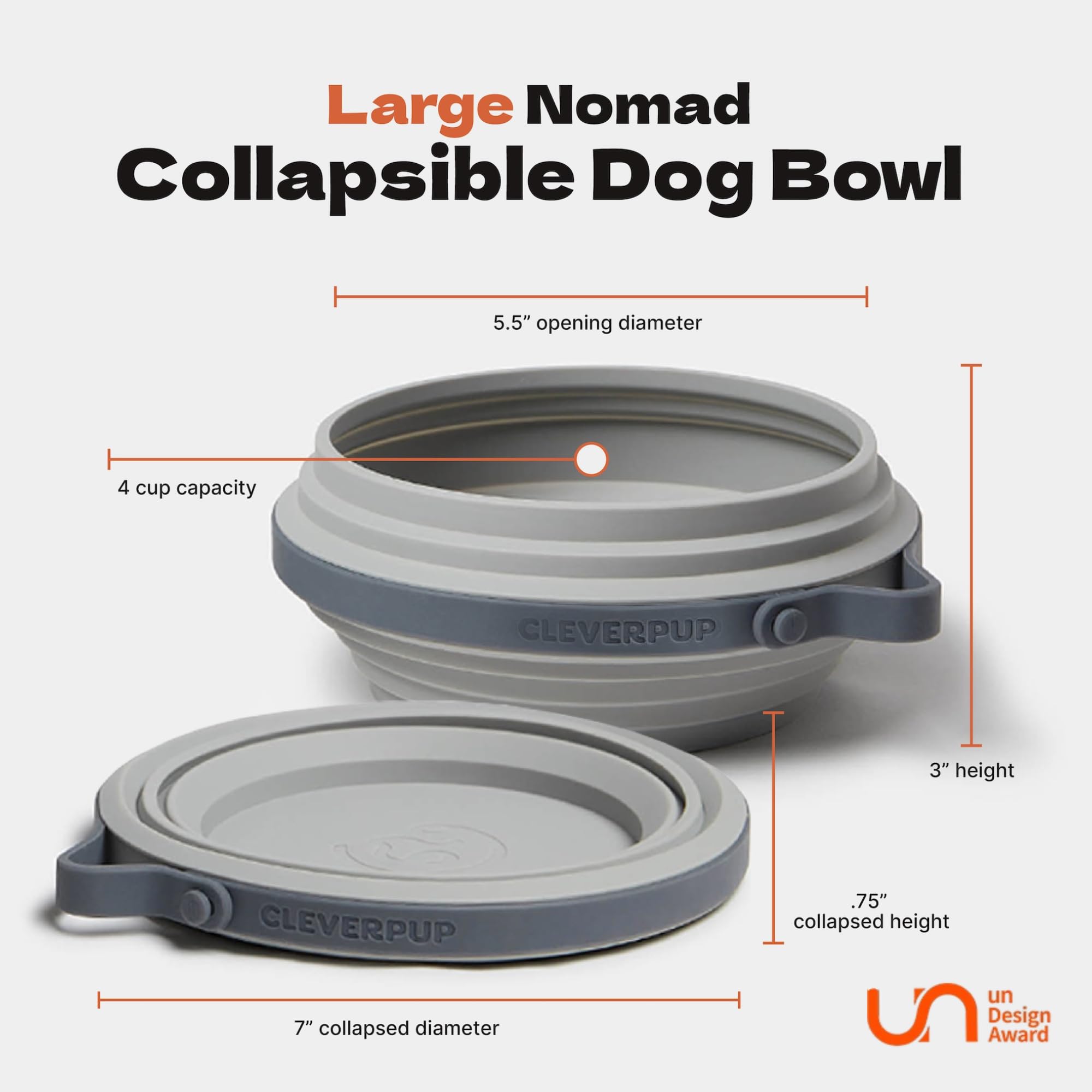 Cleverpup Nomad - Cuenco grande plegable de viaje para perros – 4 tazas de silicona sin BPA para perros medianos y grandes, portátil, alimentos y agua, apto para lavavajillas, silicona gris