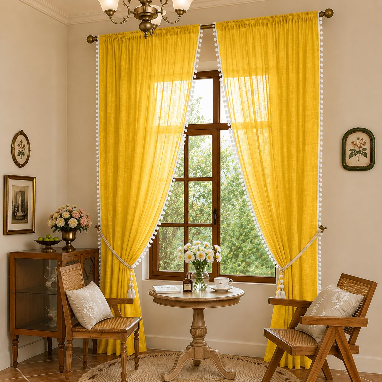 THE LINEN COMPANY Window Curtains Sheer Cotton Curtains with Pom Pom Lace Rod Pocket Light Filtering Transparent Net Curtains for Window Curtains Door Curtains Living Room Lemon 4 Ft Pack of 2