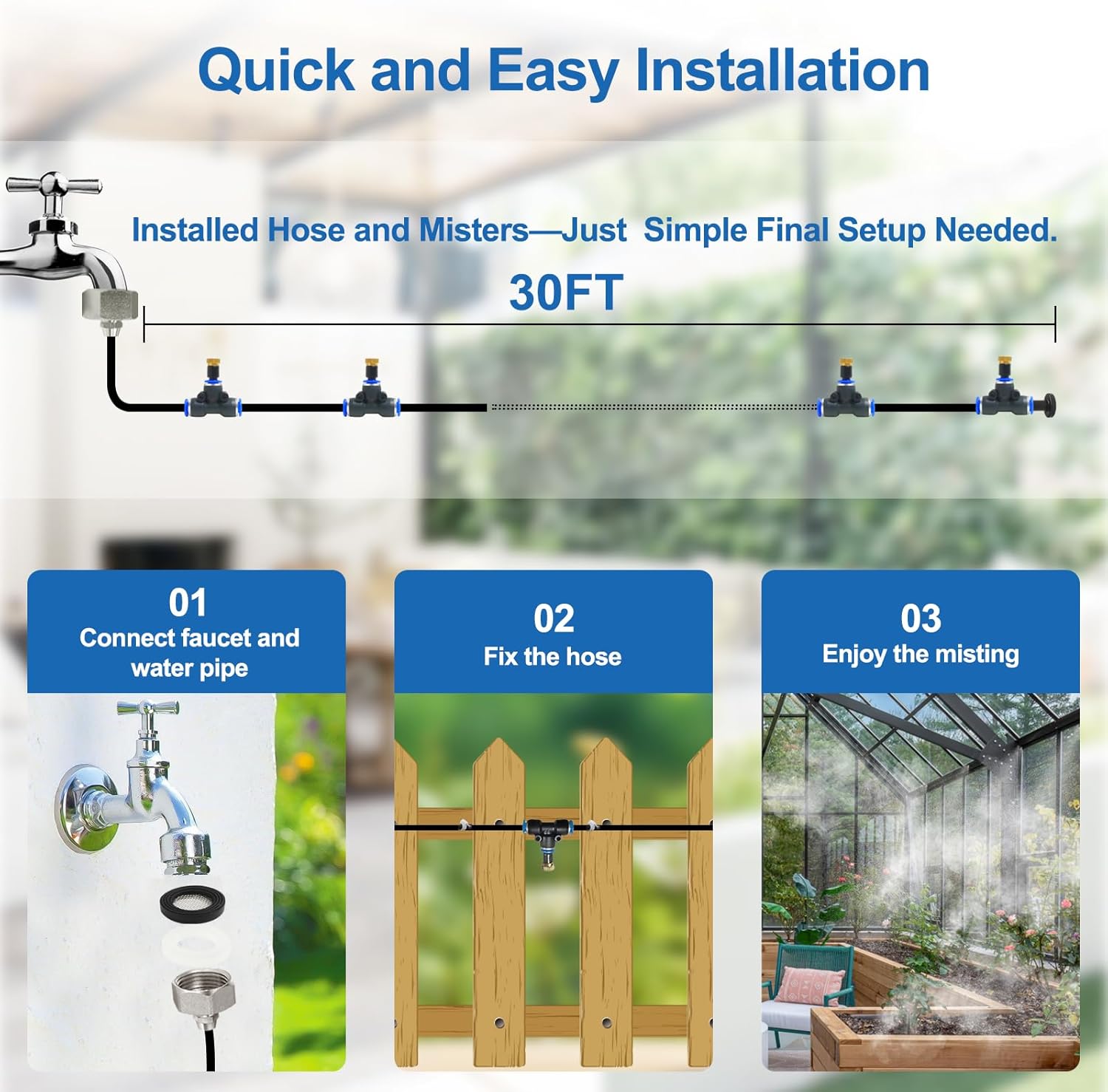 Pre-Assembled Misters for Outside Patio,Outdoor Water Misting Cooling System,30FT|9M.Backyard Mist Kit for Garden,Greenhouse,Deck,Umbrella,Canopy,Pool,Porch.Trampoline Sprinkler,BBQ Party Accessories