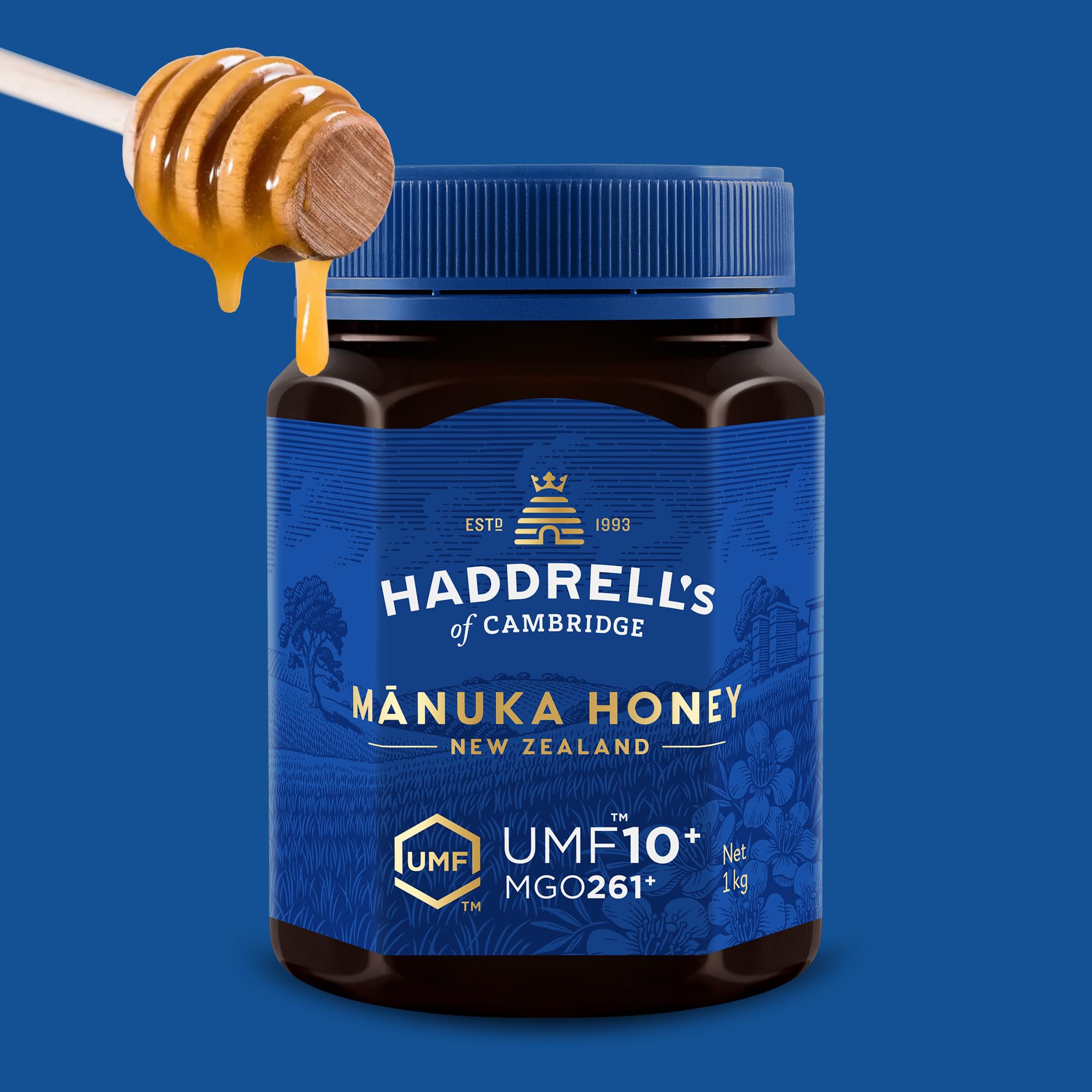 Haddrell's of Cambridge Manuka Honig 250+ MGO UMF 10+ 1 kg | roh und mit hohem MGO-Gehalt, zertifizierte Premium-Qualität aus Neuseeland, für Frühstück, Tee und Vorrat