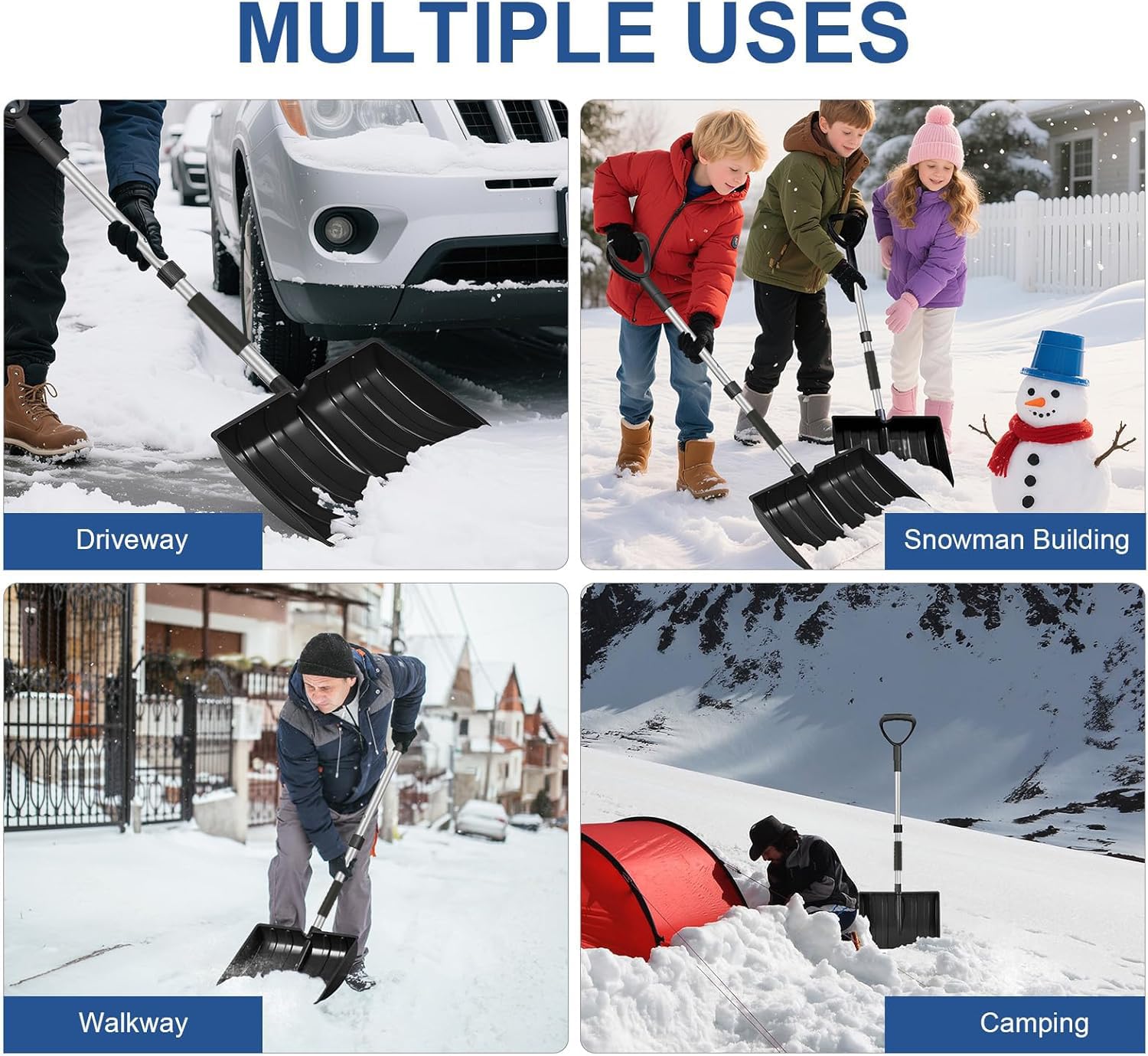 Grande pelle à neige amovible avec poignée en D, grand espace de rangement, convient pour un véhicule de jardin pour le camping en plein air - Noir
