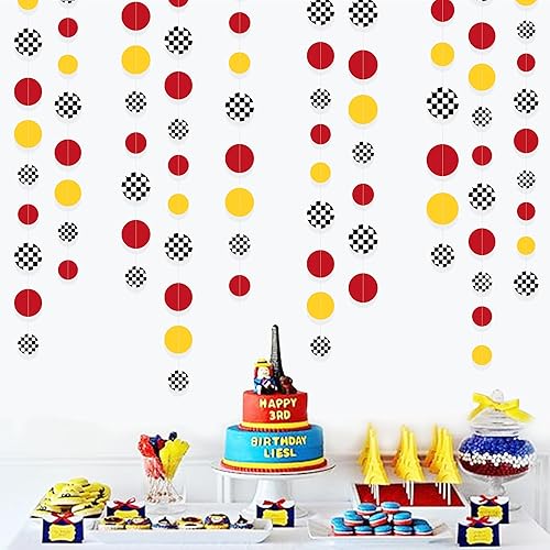 Miniatura 4 de Decoraciones de fiesta de coche de carreras, lunares circulares amarillos y rojos con estampado a cuadros, guirnalda de lunares para niños, hombres,