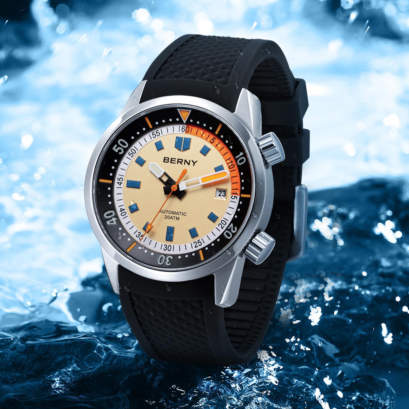 BERNY Taucheruhr für Herren, automatische mechanische Uhr, 20 ATM Armbanduhr, Saphirglas, super leuchtende männliche Taucheruhren