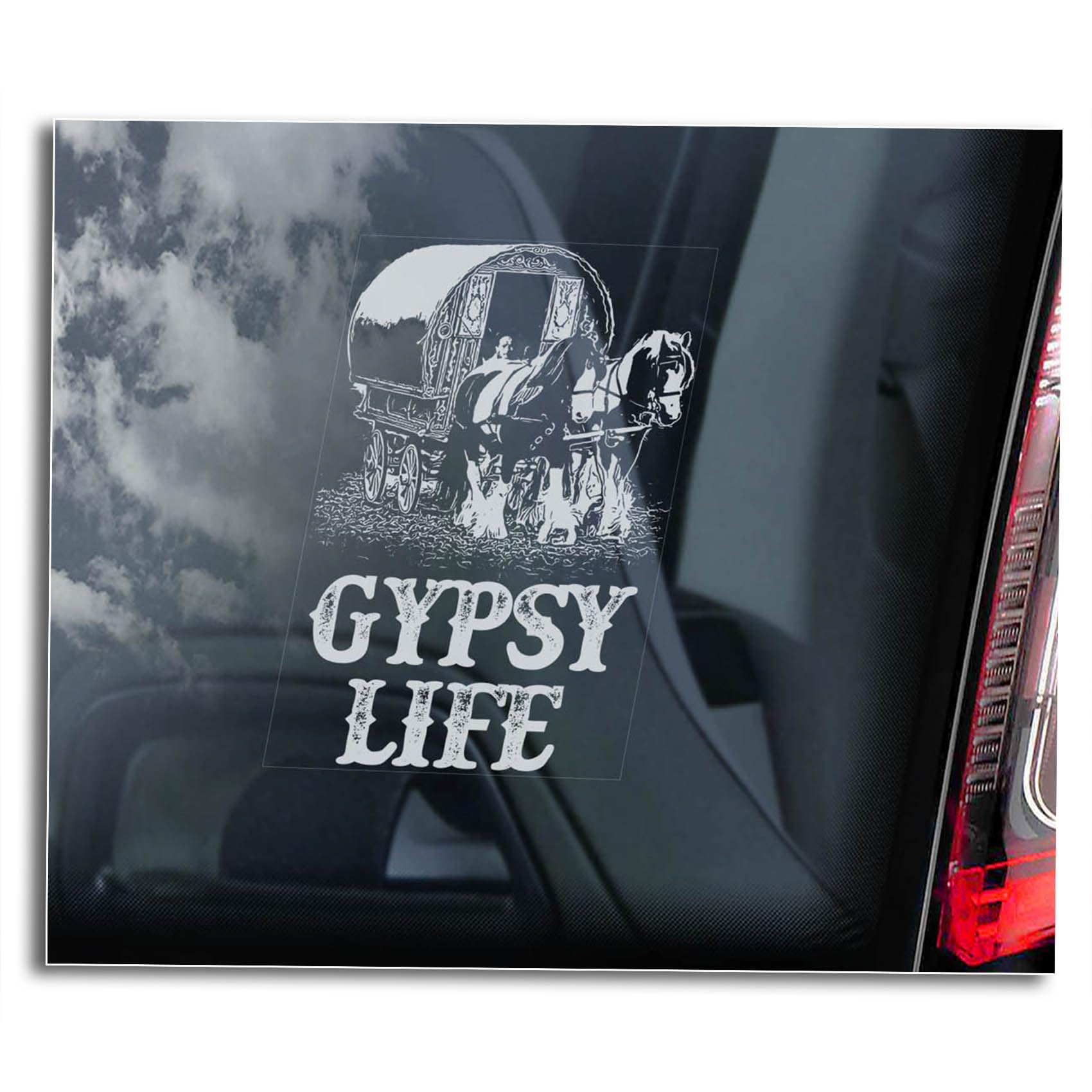 Gypsy Life Car Sticker, Window Sign, Slow Down Horse Safety Decal, Caravan Vardo Gift -V01 (Inside - White Reverse Print)