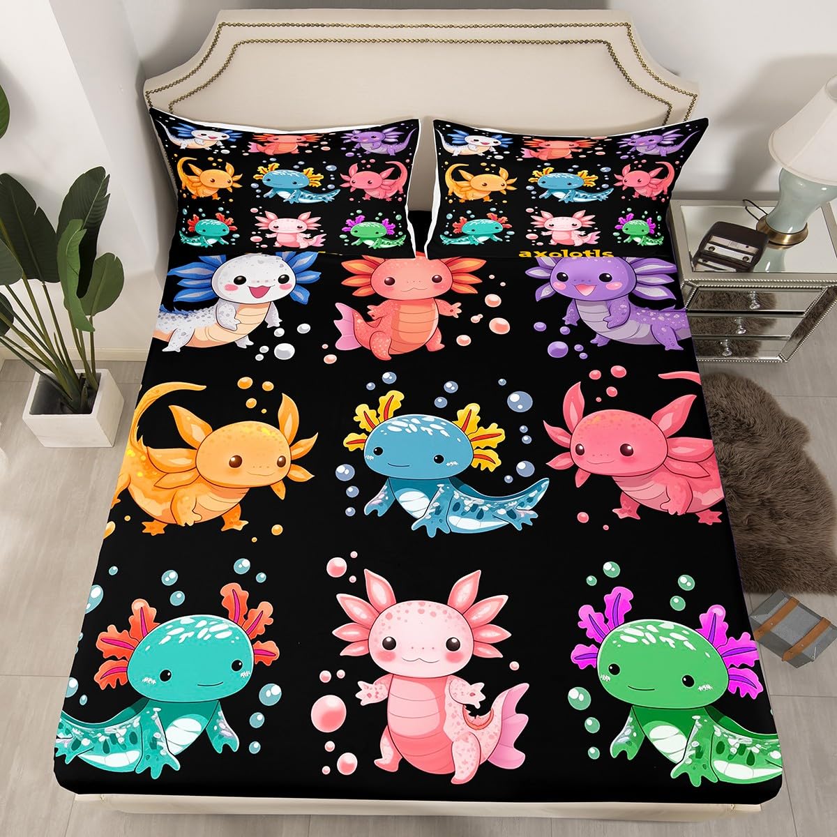 Erosebridal Axolotl Bed Sheets Kawaii Salamander Full Fitted Sheetfor Kids Boys Girls Teens,Colourful Decor Sheet Coastal Wildlife Animal Bed Set,
