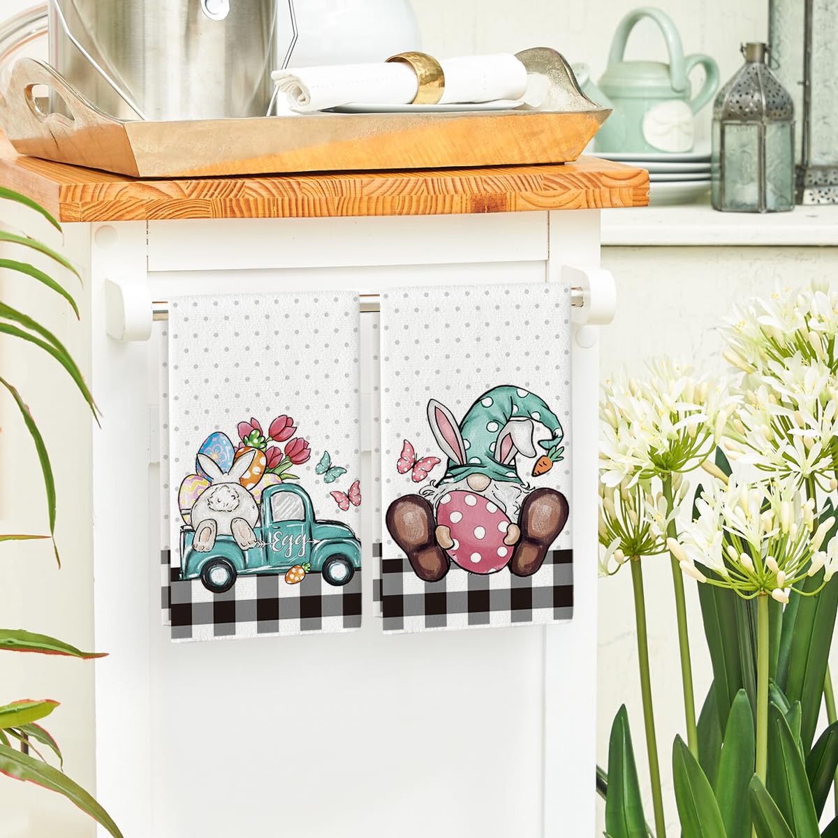 Artoid Mode Buffalo Plaid Gnome Easter Kitchen Towels - Set Of 2, 18x26 Inch, Seasonal Spring Dish Towels With Bunny & Egg Design