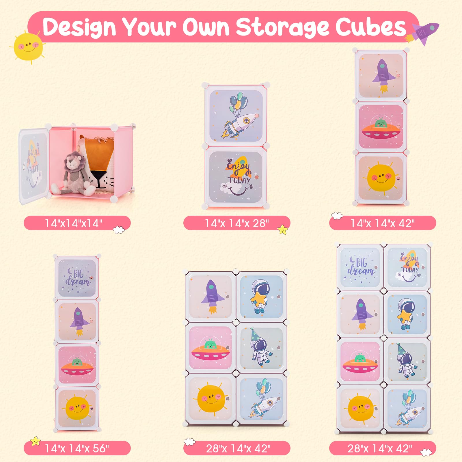FANTASK Regalsystem mit 8 Würfeln, Kinder Kleiderschrank aus Kunststoff mit Türen & 2 Aufhänger, modularer Organizer für Kinderzimmer, Spielzimmer (Rosa)