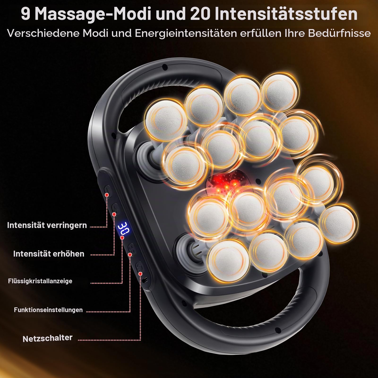 16 Köpfe Massagepistole für Muskelmassage mit 30 Stufen und 9 Modi, Nackenmassagegerät Leise mit Rotlicht, Elektrisches Massagegerät für Beine Arme Taille Rücken Gesäß Ganzkörper Muskelentspannung