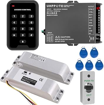 UHPPPOTE Full Kit of RFID Access Control Keypad 125KHz with 12V Electric Bolt Lock Power Supply Push to Exit Button