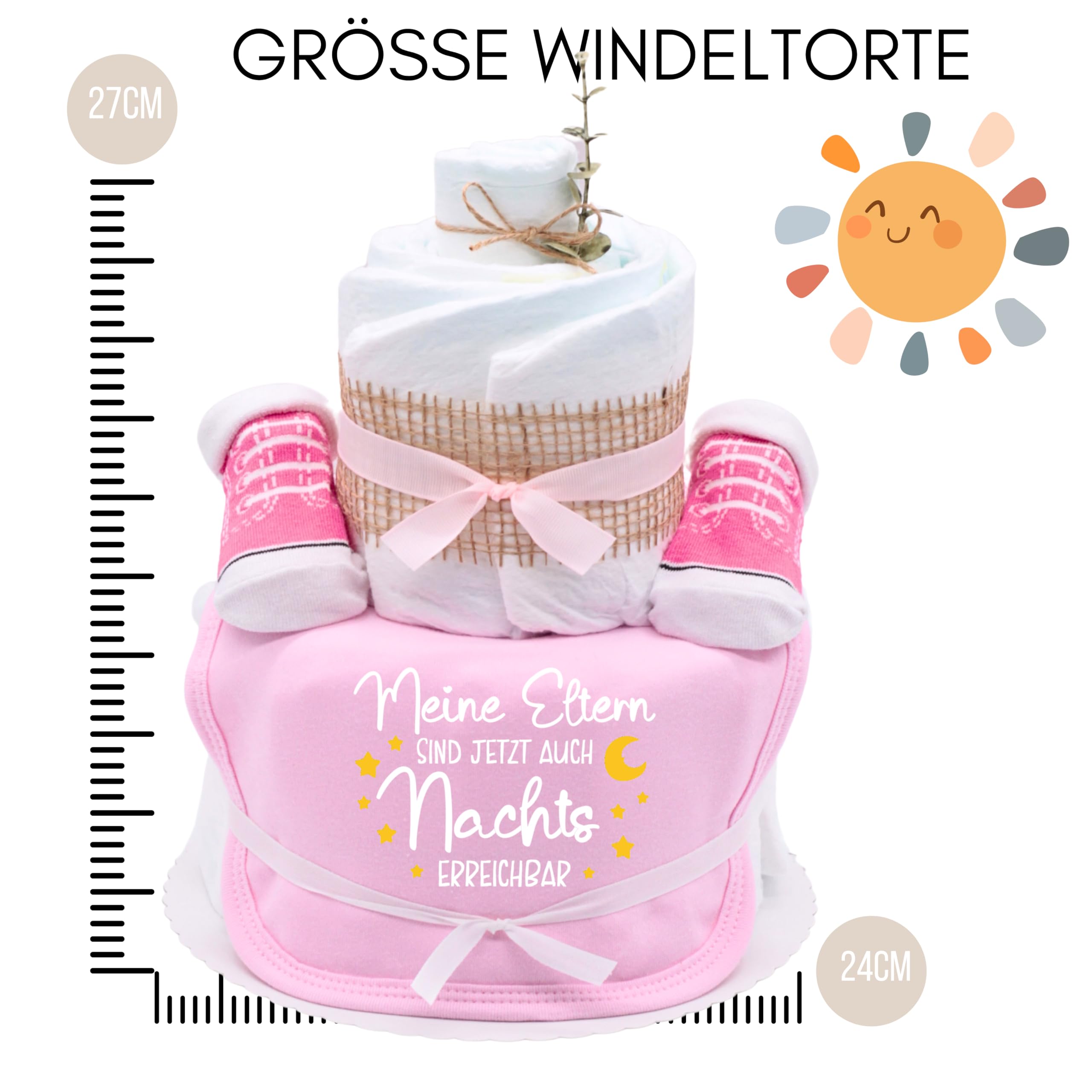 Trend Mama® | Sprüche Windeltorte | Meine Eltern sind jetzt auch Nachts erreichbar| 24 Windeln (Gr.2) Baby Lätzchen, Babysocken | Baby Party Geschenk (Rosa)